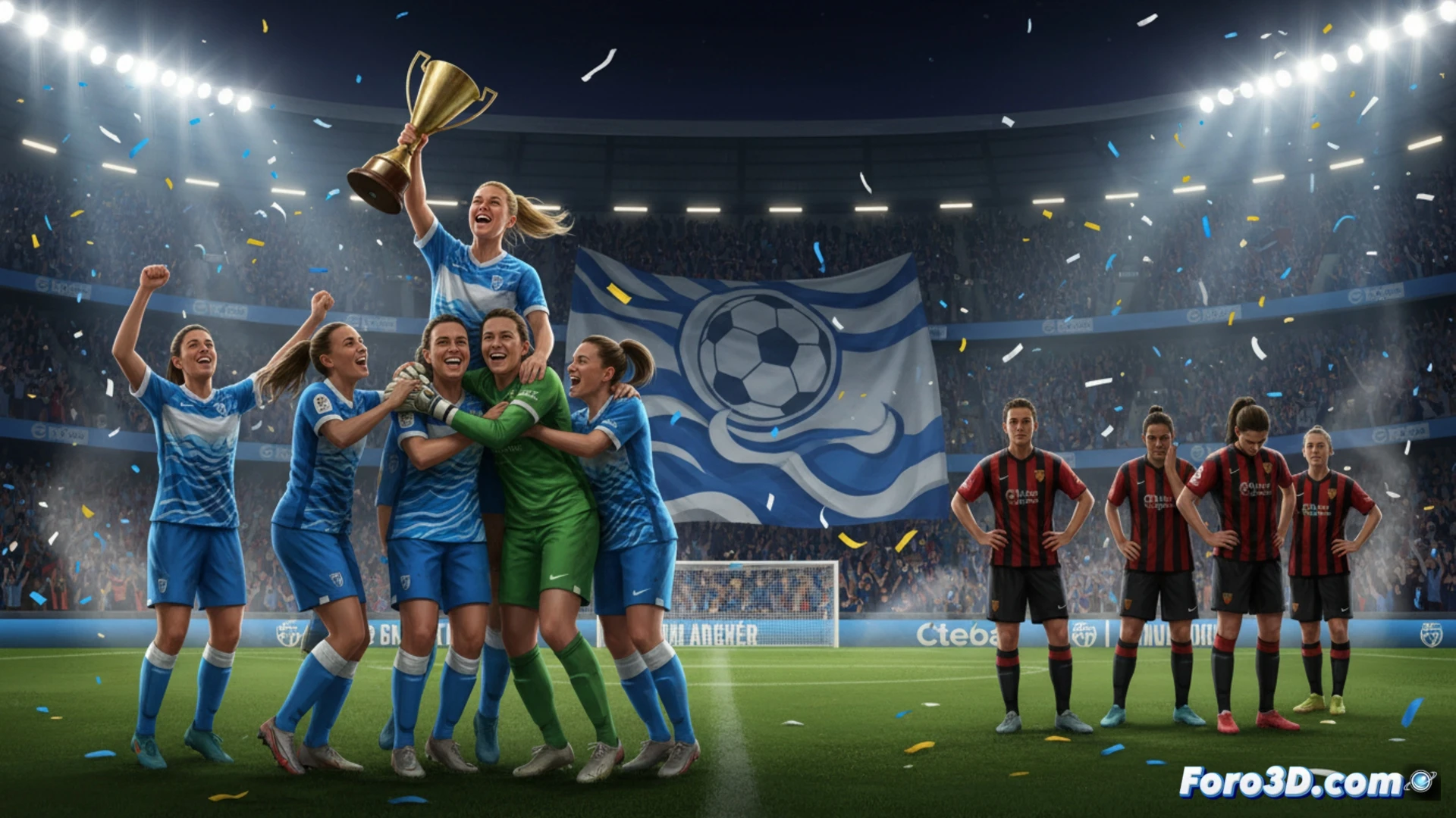 Soccer player executing a powerful kick with intense leg motion, ball mid-flight curving toward goal, opposing goalkeeper diving with stretched arms, dynamic collision of players in background, grass blades flying from impact, stadium floodlights casting dramatic shadows, cinematic photorealistic sports photography, motion blur on limbs and ball, sweat droplets frozen in air, crowd blurred in stands, ultra-detailed jersey fabric texture, dramatic golden hour lighting, high-speed camera aesthetic