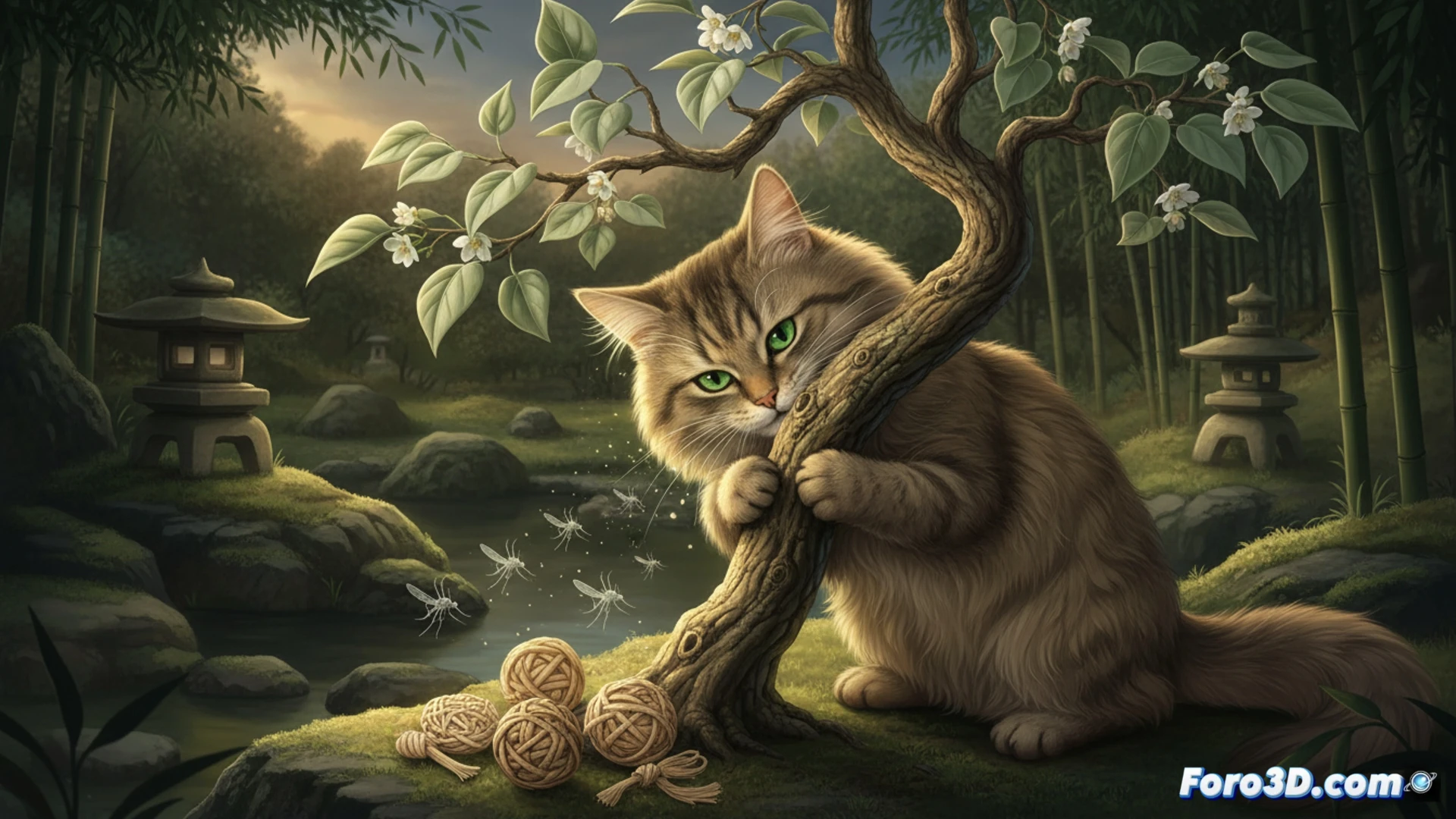 close-up of an orange cat rubbing its face against fresh matatabi leaves and silver vine branches, small mosquitoes flying away from the cat’s fur, green leaves with visible silver-white patterns, catnip plant nearby for comparison, technical botanical illustration style, photorealistic plant textures, natural outdoor lighting with soft shadows, showing feline interaction and mosquito repellent action, detailed leaf veins and plant hairs, realistic cat fur and whiskers, cinematic macro photography composition