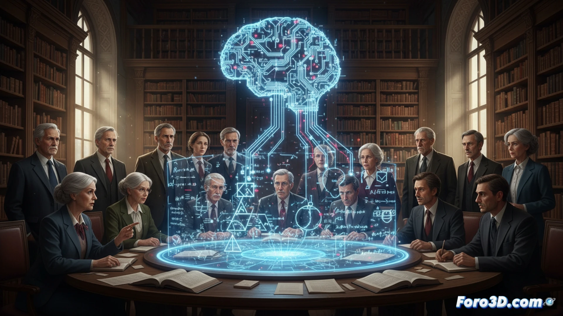 Mathematical proof being corrupted by AI, human mathematician holding a pen over a cracked blackboard equation, glowing AI interface projecting false theorem steps onto paper, broken chalk pieces on desk, laptop with error warnings, dark academic study with warm lamp light, dramatic contrast between handwritten formulas and digital distortion, cinematic technical illustration, photorealistic render, tense atmosphere, meticulous detail on chalk texture and screen reflections, suspended chalk dust particles