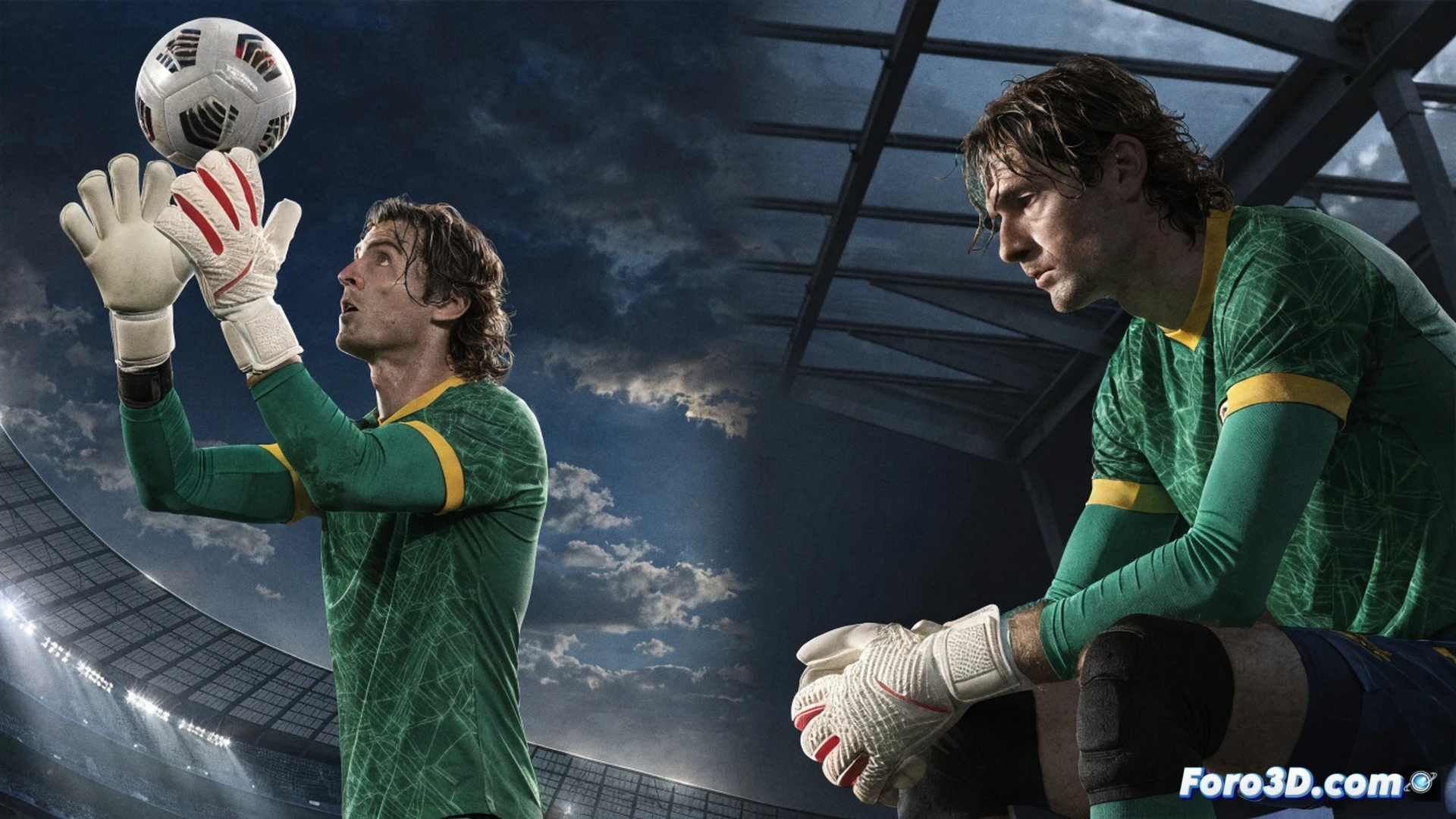 Australian goalkeeper Mathew Ryan diving to his left during a penalty save, full extension of arms and legs, sweat droplets flying from gloves, intense facial concentration, crowd blurred in background, stadium floodlights casting dramatic shadows, grass blades displaced under cleats, cinematic photorealistic sports action shot, high-speed freeze frame capturing mid-air tension, detailed jersey folds and goal net texture, dynamic motion blur on ball trajectory, ultra-realistic skin pores and fabric weave, dramatic low-angle perspective, professional football match lighting