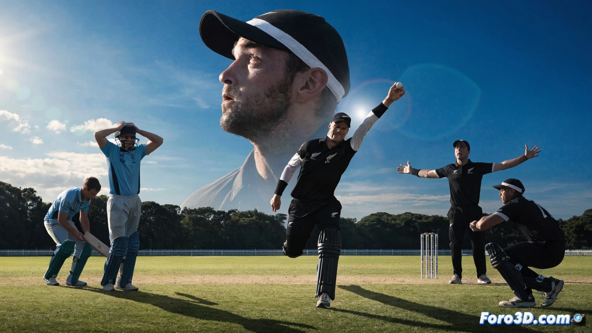 cricket pitch aerial view, Matt Henry in bowling action releasing a fast delivery towards English batsman, ball mid-air with visible seam rotation, batsman off-balance attempting defensive shot, stumps and bails detailed with shadows, grass texture on pitch, scoreboard edge showing 463 target crossed out, photorealistic sports cinematography, dramatic stadium floodlights, dust particles kicked up from pitch, motion blur on ball trajectory, ultra-detailed cricket gear, high contrast lighting emphasizing tension, technical sports visualization