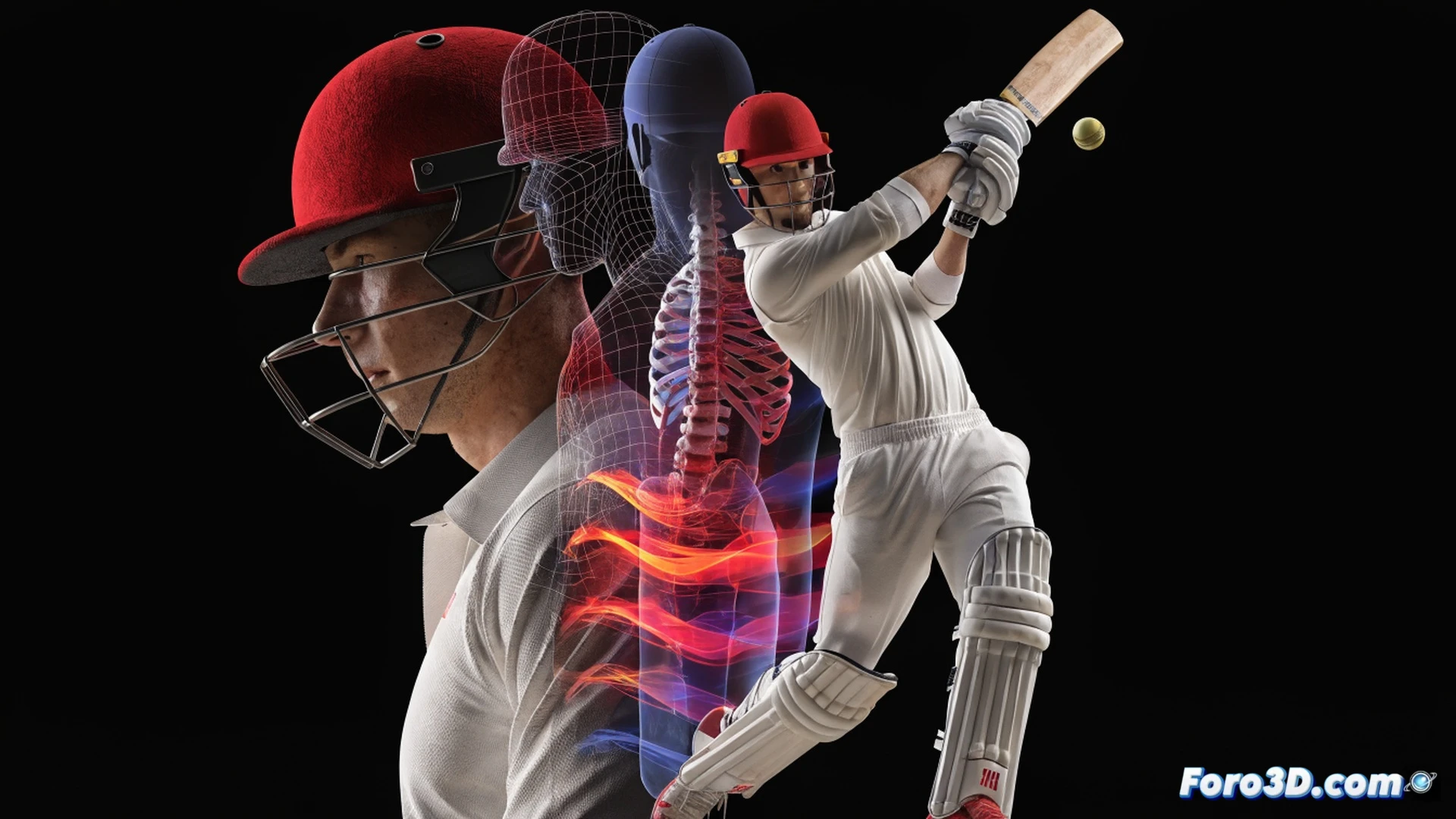 cricket batsman Matt Short mid-swing in a 3D motion capture studio, biomechanical markers on his shoulders and wrists tracking rotational torque, bat striking a red cricket ball during powerplay, ball compressing against willow surface, high-speed camera rigs in background, wireframe skeleton overlay on his body showing kinetic chain, glowing blue force vectors tracing hip-to-shoulder rotation, green grass pitch, stadium floodlights, cinematic technical illustration, ultra-detailed muscle definition, photorealistic engineering visualization, dramatic side lighting, depth of field on impact zone