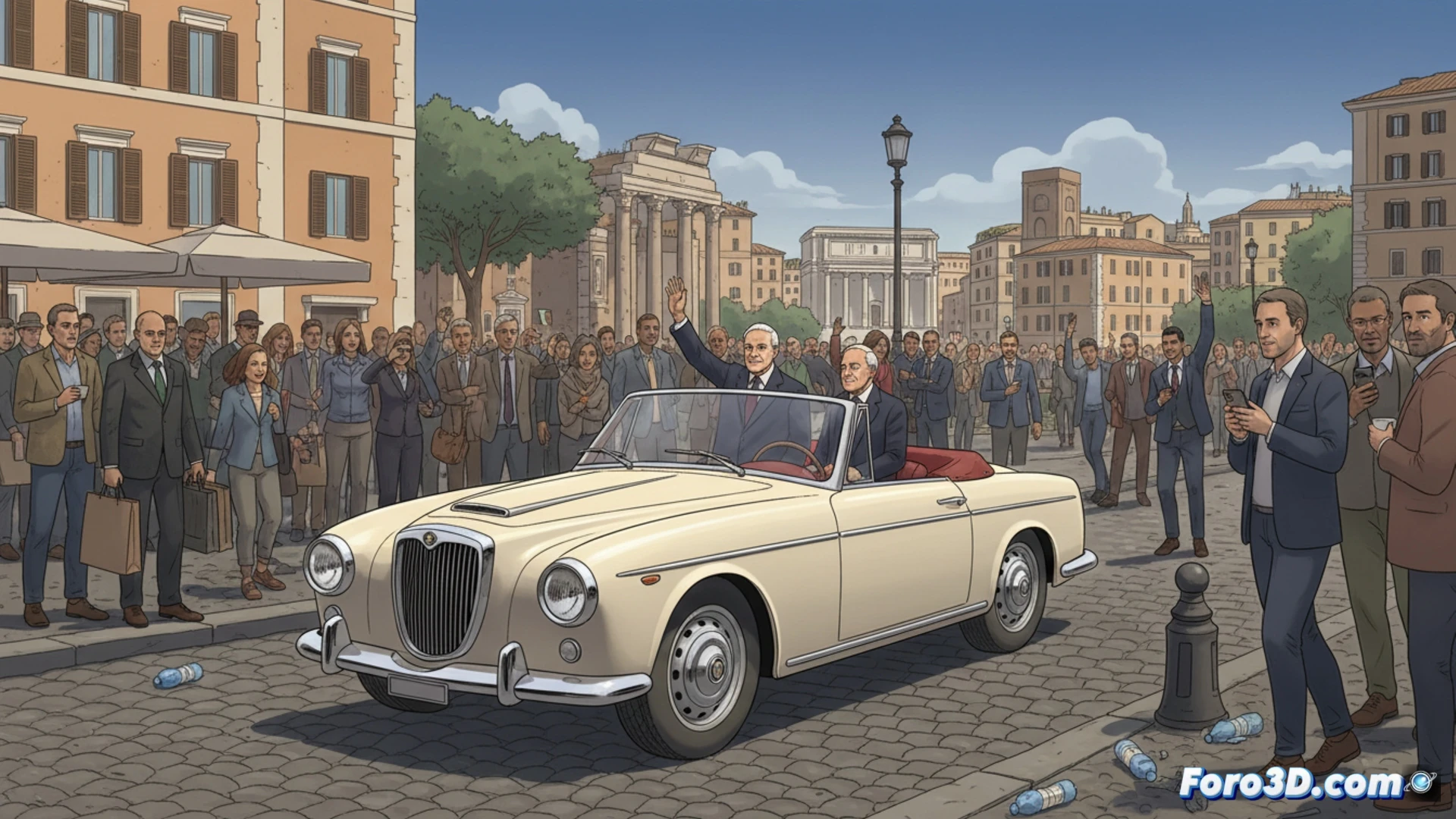 Vintage Lancia Flaminia Presidenziale 1960 cruising along a Roman military parade route, gleaming dark blue bodywork reflecting sunlight, chrome details polished, presidential flag fluttering on front fender, Sergio Mattarella seated in rear, soldiers saluting at attention while nearby ordinary commuters wait at a bus stop, contrast between ceremonial vehicle and everyday city life, cinematic photorealistic technical illustration, dramatic golden hour lighting, ultra-detailed classic car engineering, historic Rome architecture in background, motion blur on passing traffic, realistic metal reflections