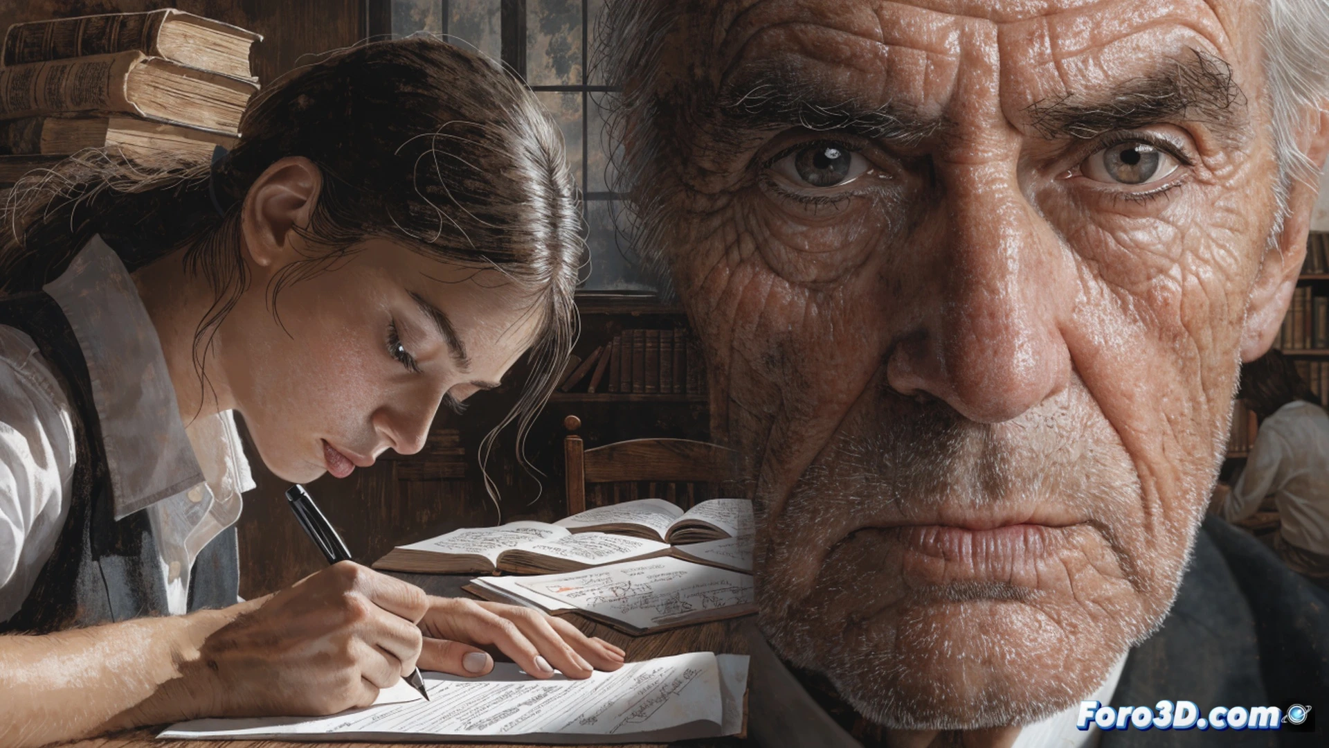 Estilo cinematográfico, interior de un aula italiana clásica con pupitres de madera y pizarra al fondo, más de quinientos mil estudiantes representados por una fila de jóvenes concentrados escribiendo con bolígrafos sobre hojas de examen, un teléfono móvil roto y descartado en el suelo junto a la papelera, luz natural entrando por ventanas altas, polvo flotando en rayos de sol, manos sujetando plumas con tinta azul, expresión de esfuerzo y reflexión profunda, atmósfera de silencio tenso, composición simétrica, tonos sepia y gris, realismo fotográfico detallado.