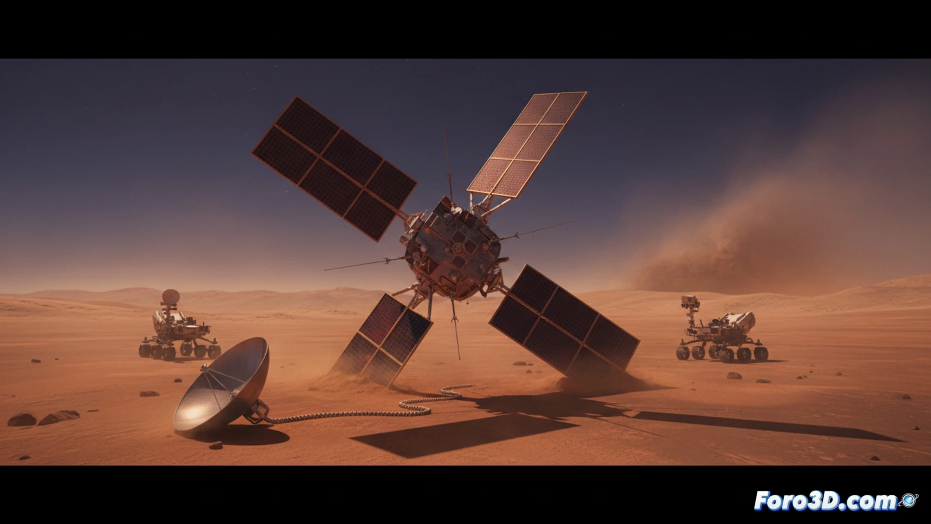 MAVEN spacecraft drifting in Mars orbit, solar panels partially shadowed, battery charge indicator glowing red on a control panel inside the orbiter, antenna dish tilted away from the planet while a rover on the surface shows a blinking lost-signal icon, Martian dust storm swirling in the background, technical engineering visualization, metallic hull with visible thermal insulation layers, orbital mechanics diagram faintly overlaid, cinematic lighting with deep space darkness and red planet glow, photorealistic aerospace render