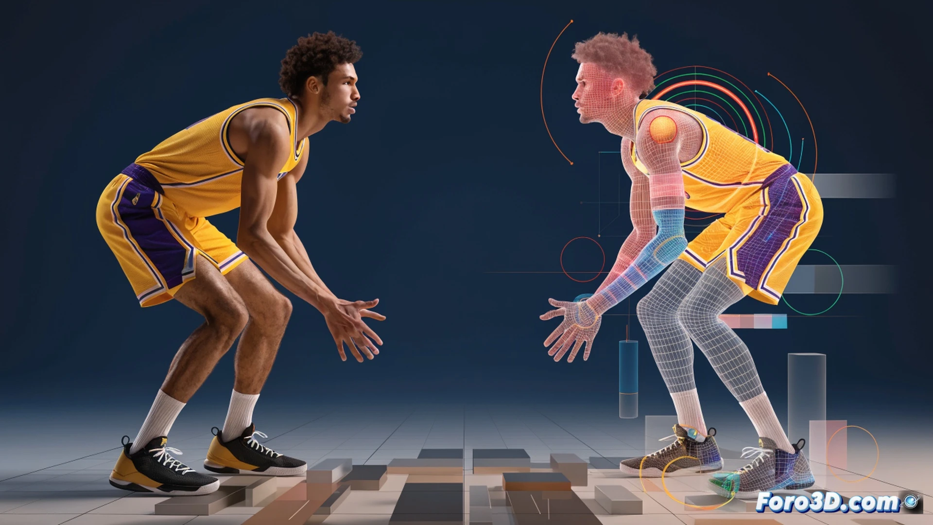 basketball player in defensive stance, lateral slide movement on court, 3D wireframe skeleton overlay tracking hip rotation and footwork angles, biomechanical analysis lines showing hand positioning and center of gravity shift, glowing joint markers on knees and elbows, hardwood floor reflection, arena lights creating dramatic shadows, technical engineering visualization style, photorealistic human model with translucent muscle layers, motion blur on sneakers, data point particles floating around the defender, cinematic low-angle shot
