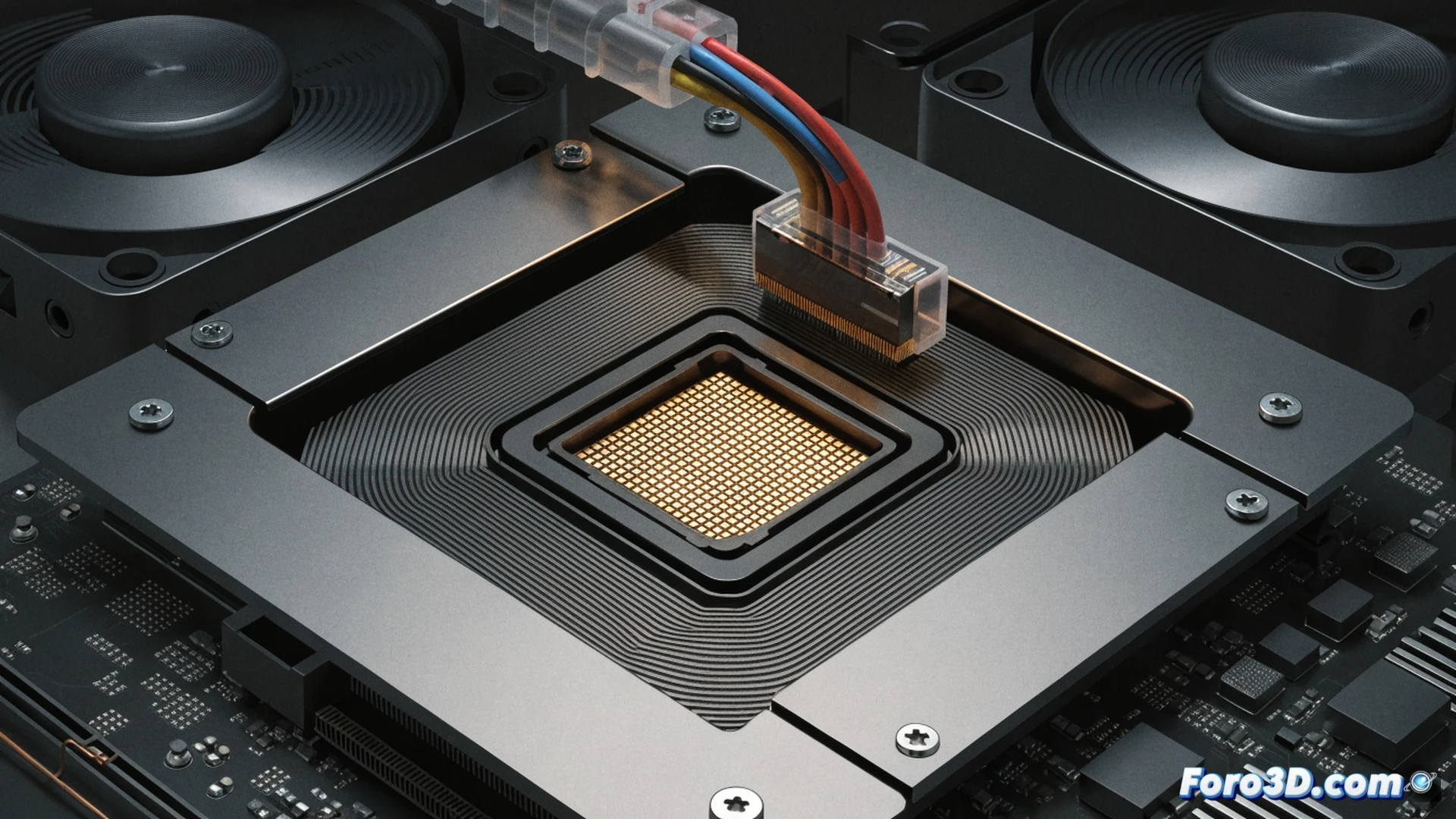 Ultra-compact Mini-ITX motherboard with MCIO connectors instead of PCIe x16 slot, flexible ribbon cables branching from MCIO ports to a detached graphics card, technician demonstrating cable routing in a tight server chassis, small screwdriver adjusting a bracket, engineering visualization style, cold blue LED lighting on metallic components, high-contrast shadows, photorealistic technical illustration, precision hardware assembly process, exposed circuit traces and capacitors visible, clean industrial workbench background