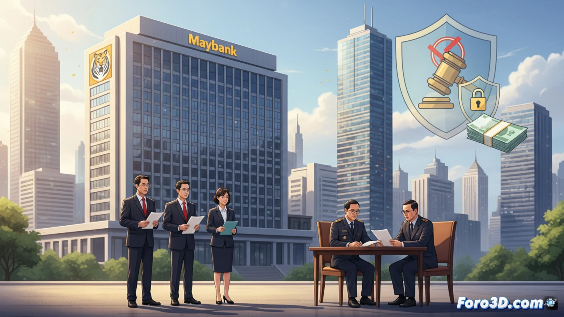 bank employees in formal attire seated at a long conference table, one handing a stack of legal documents to a uniformed Indonesian investigator, laptop screens displaying transaction logs and palm oil supply chain data, a Maybank corporate logo visible on a wall plaque, another worker reviewing a witness statement form, soft natural light through office windows, photorealistic corporate documentary style, calm but serious atmosphere, clear legal procedure being demonstrated, neutral gray and blue color palette, technical office environment with binders and pens visible