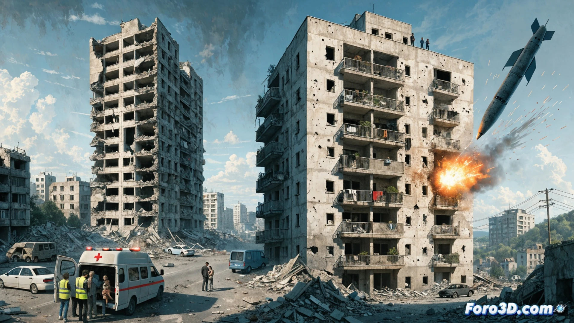 residential building in eastern Ukraine with a collapsed facade, emergency workers in orange helmets using thermal imaging scanners and metal detectors amid rubble, a civilian casualty being carried on a stretcher past twisted rebar and shattered concrete, smoke rising from a damaged school in the background, a drone with red status lights hovering overhead scanning the scene, photorealistic warzone documentation style, overcast daylight with dust particles suspended in air, cracked pavement with debris scattered across the street, broken window frames exposing damaged interior walls, dramatic realism with high contrast shadows, ultra-detailed structural damage and rescue equipment