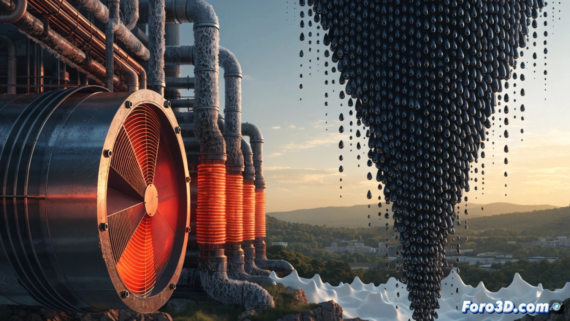 Cinematic photorealistic scene of a modern air conditioning unit struggling under intense heat, condenser coils glowing red-hot while a cracked digital thermometer embedded in the unit displays extreme temperature, bright sunlight blazing through a hazy sky, heatwaves distorting the air around the metallic fins, a single drop of condensation falling from the unit as if crying, urban rooftop background with distant shimmering city skyline, dramatic golden-hour lighting with harsh shadows, hyper-detailed mechanical components showing thermal stress, technical engineering visualization with visible refrigerant lines and fan blades, ultra-realistic industrial materials