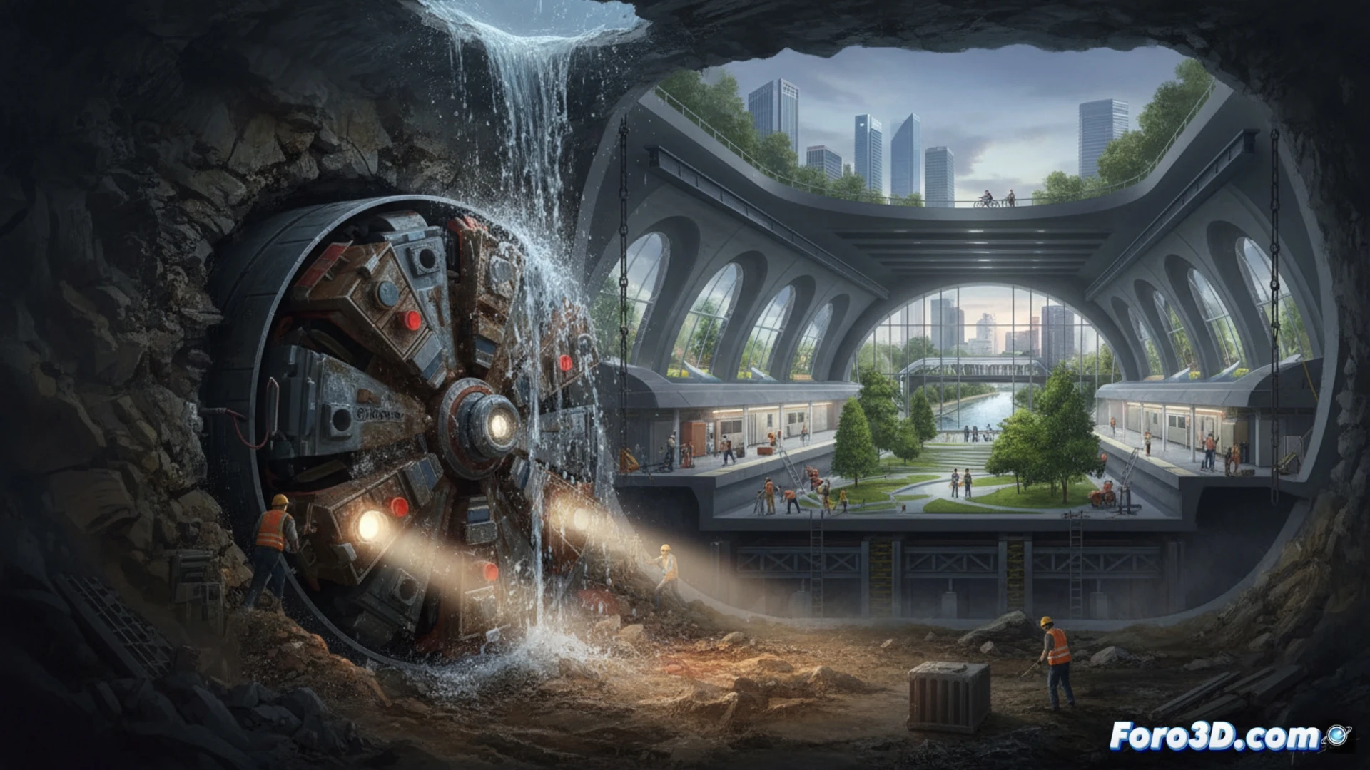 tunnel boring machine Mayrit emerging from riverbed breakthrough, concrete segments being installed behind the cutterhead, hydraulic jacks pushing against completed tunnel ring, water seepage dripping from fractured rock, workers in orange vests monitoring control panels with pressure gauges, muddy Manzanares river visible through the opening, yellow industrial lighting reflecting on wet steel, dust particles suspended in air, photorealistic engineering visualization, dramatic underground construction scene, motion blur on rotating cutterhead, ultra-detailed mechanical components
