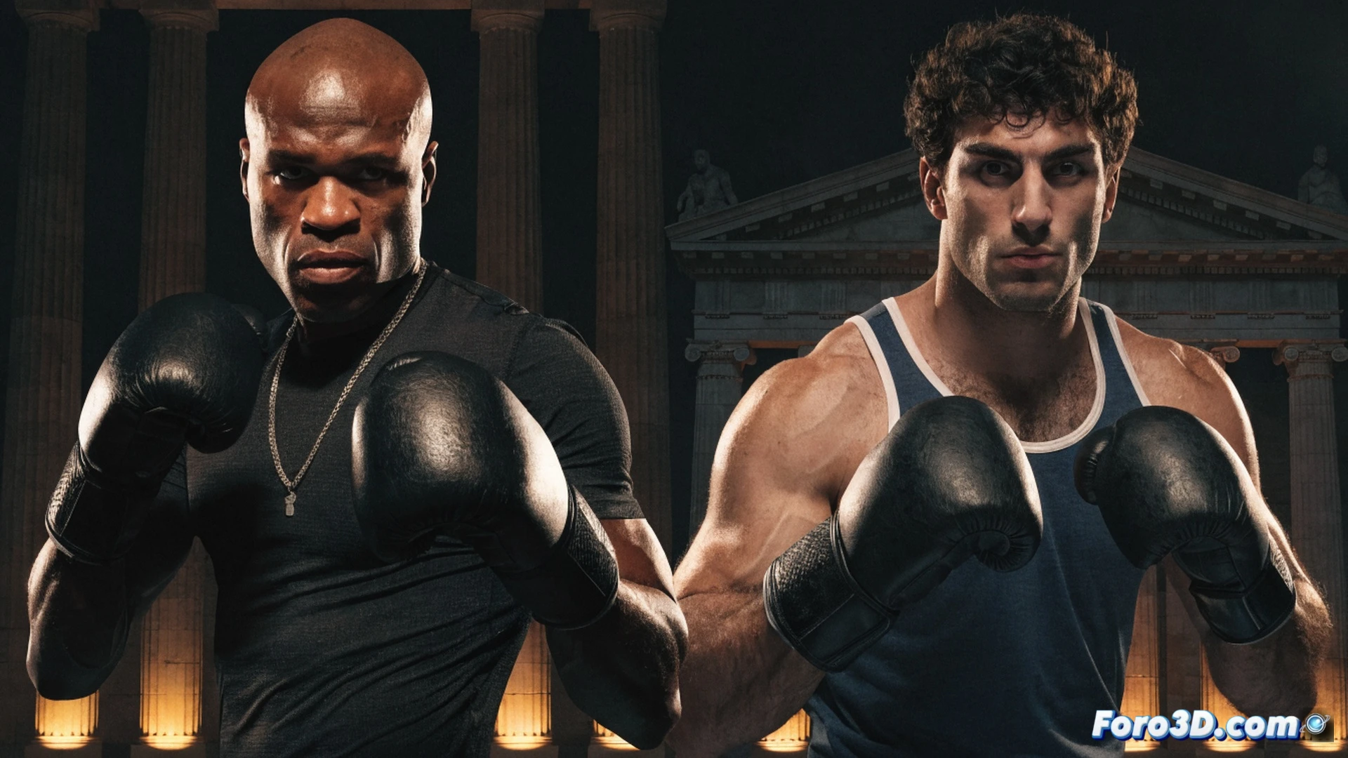 Floyd Mayweather y Mike Zambidis en pose de combate frente al Partenón al atardecer, Mayweather con guantes rojos y pantalón dorado, Zambidis con equipo azul y blanco, arena de boxeo temporal en una plaza ateniense con gradas vacías, calendario roto con fecha de junio tachada y septiembre marcado, billetes de euro volando y maletas de turistas apiladas cerca, iluminación dorada del sol griego, estilo cinematográfico fotorrealista, sombras alargadas, texturas de piel y sudor visibles, cámara baja gran angular, acción congelada justo antes del primer golpe
