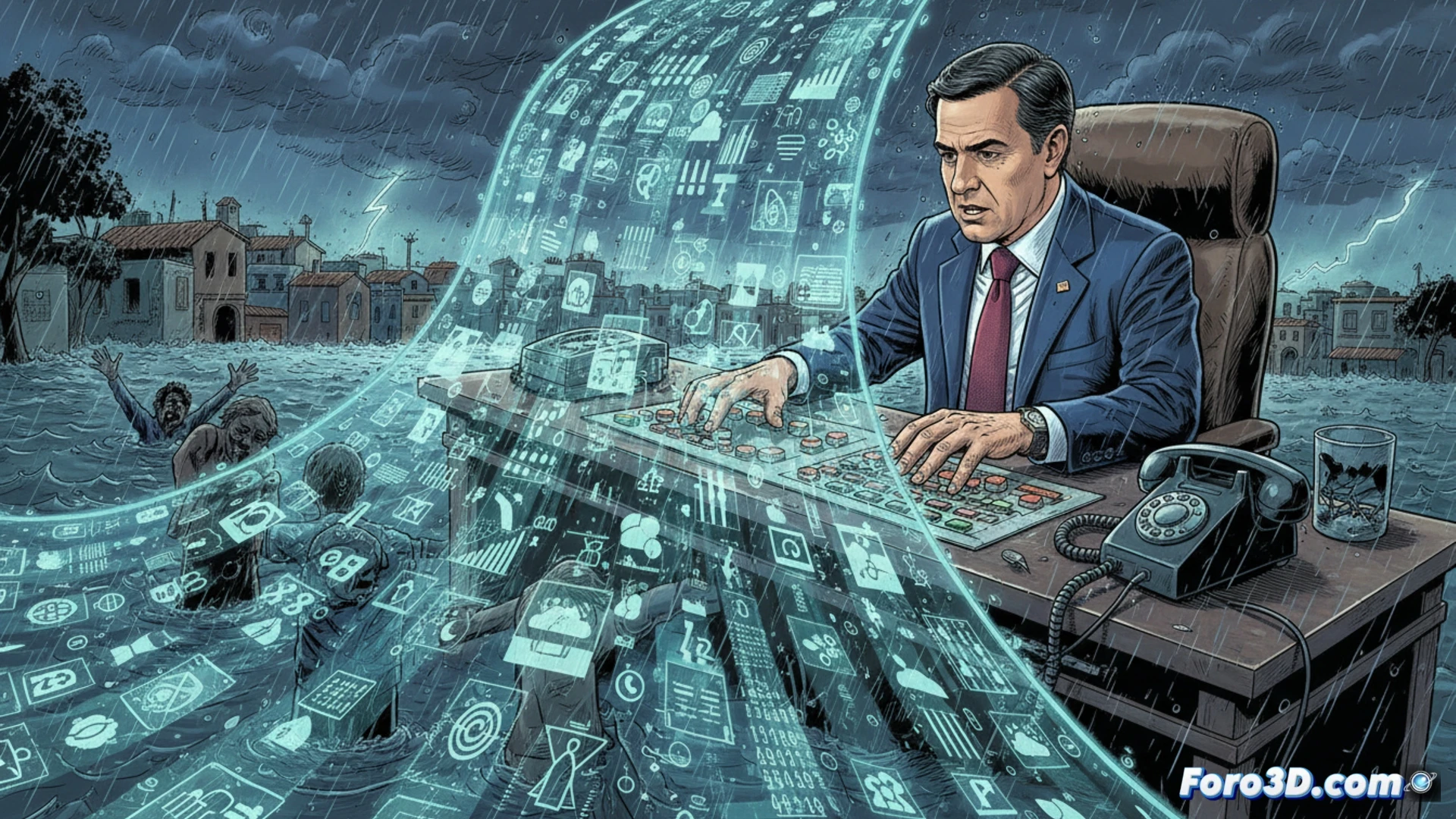 Emergency operations center during a crisis, multiple smartphone screens displaying WhatsApp messages flooding with data streams, a central empty chair where a decision-maker should be, chaotic paper maps and unopened emergency manuals scattered on table, glowing red warning indicators on a neglected emergency broadcast console, other screens showing real-time field reports contrasting with the data overload, cinematic photorealistic style, dramatic shadows and harsh fluorescent lighting, dust particles in air, tension visible in abandoned coffee cups and scattered notes, ultra-detailed technical equipment, wide-angle shot emphasizing isolation and inaction