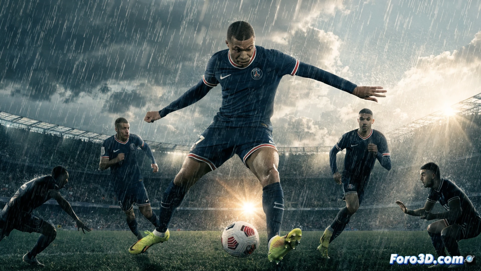 Kylian Mbappé en pleno regate sobre césped mojado bajo lluvia torrencial, balón pegado al pie mientras el agua salpica en cada pisada, defensores rivales resbalando detrás, estadio iluminado con reflectores, rastros de velocidad con líneas brillantes detrás de sus piernas, gotas de lluvia congeladas en el aire formando un túnel dinámico, césped con textura satinada por el agua, botas de fútbol con tracción visible, movimiento borroso en los extremos del encuadre, cinematografía deportiva hiperrealista, iluminación dramática de partido nocturno, tonos azules y verdes fríos, vapor elevándose del campo.