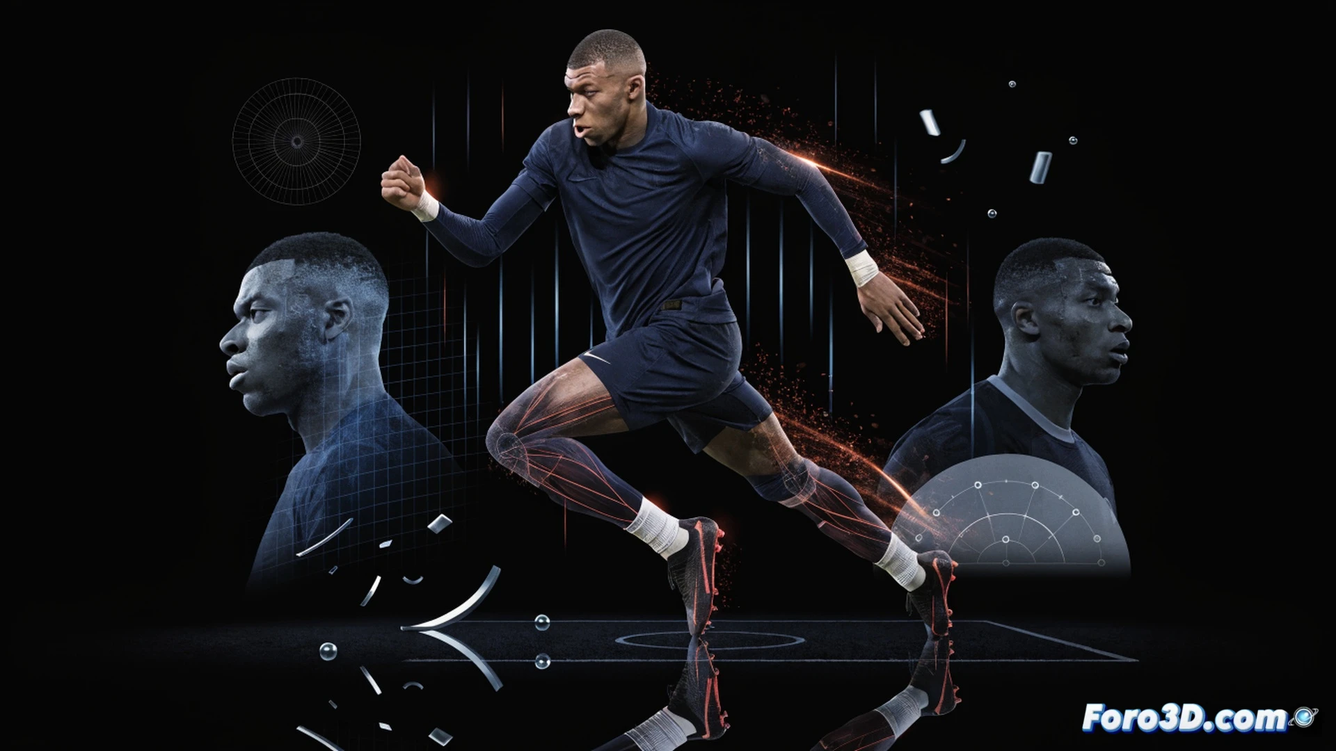 Kylian Mbappé en fase de aceleración explosiva sobre césped sintético, biomecánica de piernas en máxima tensión, líneas de fuerza cinética trazadas desde el torso hasta el pie de apoyo, balón pegado al empeine en ángulo cerrado, sensores de movimiento virtuales sobre articulaciones, gráficos de velocidad vectorial superpuestos en azul y rojo, fondo de estadio con datos tácticos de espacios reducidos, estilo cine técnico tipo biomechanical simulation, iluminación dramática con focos de estadio, textura de césped realista, profundidad de campo reducida, render fotorealista de ingeniería deportiva.