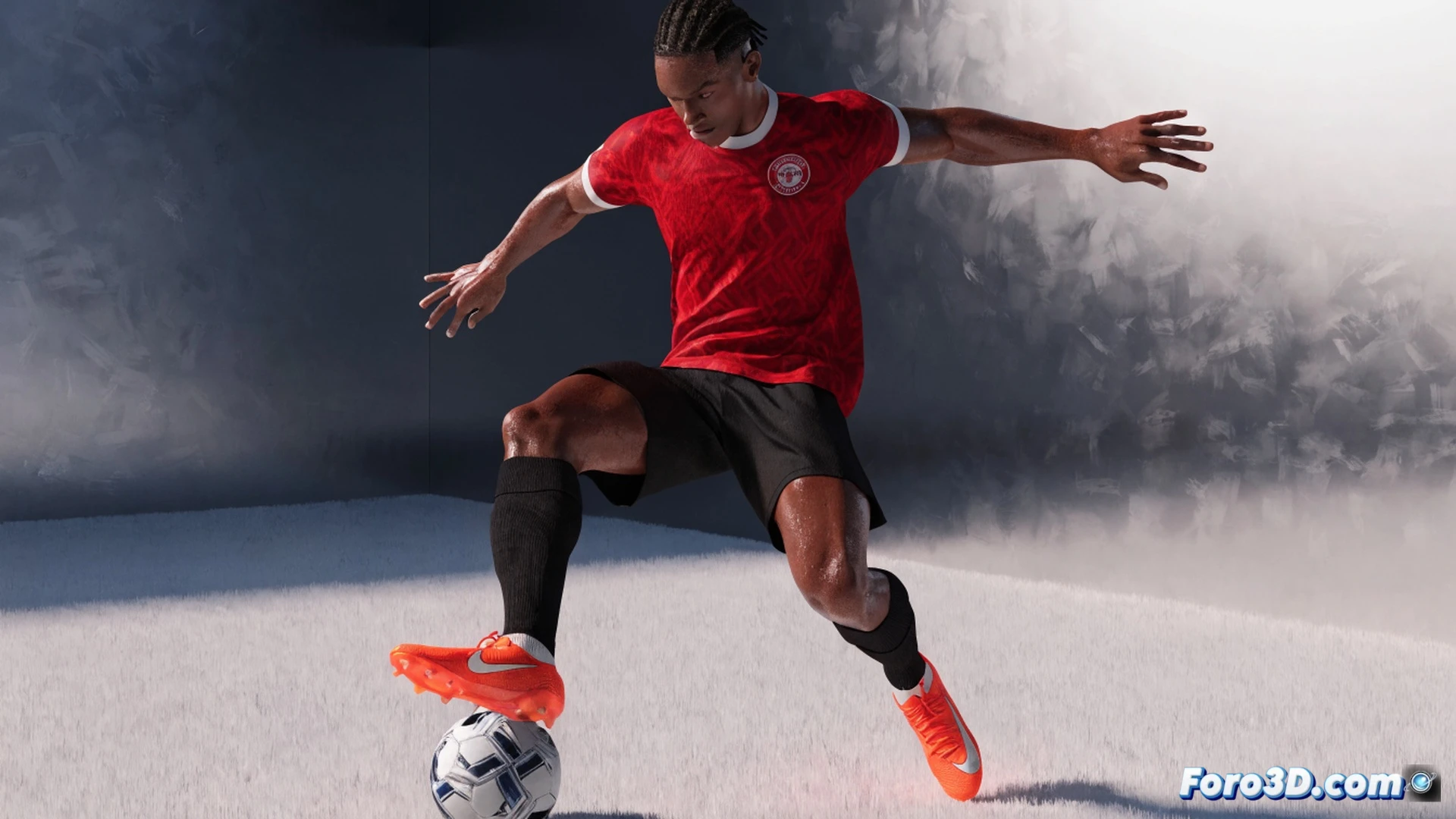 Bryan Mbeumo biomechanical analysis, 3D motion capture skeletal overlay showing explosive leg drive during a curling shot, ball deformation at impact with trajectory arc, muscle fiber tension visible in hamstring and quadriceps, green laser tracking lines from foot to ball to goal, Brentford red and white kit texture mapped onto low-poly athlete model, technical engineering visualization with wireframe grid floor, dynamic pose during off-balance strike, realistic sweat and skin detail, photorealistic sports science render, dark studio background with rim lighting