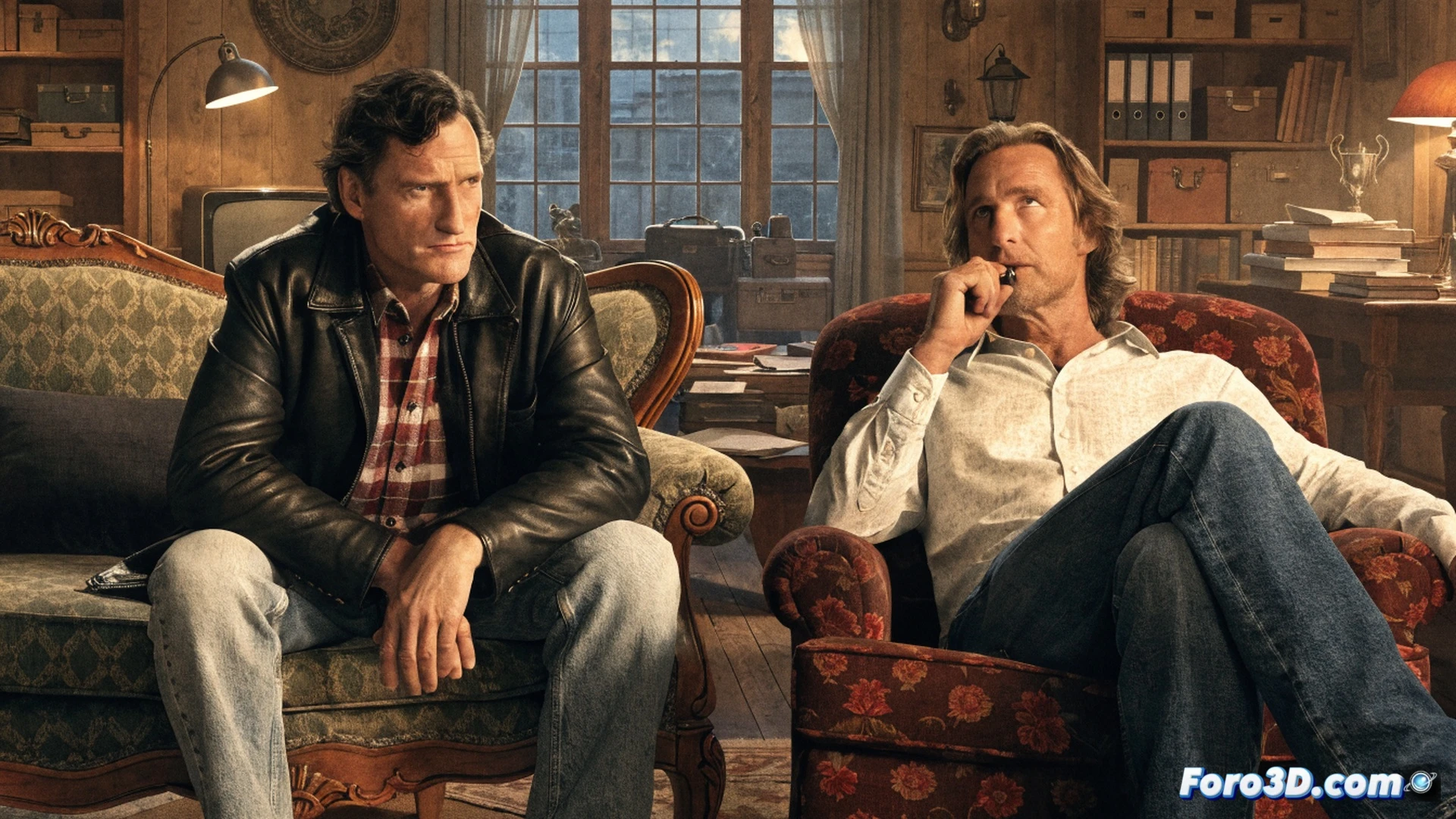 Two men mid-argument in a dusty ranch workshop, one holding a vintage microphone while the other adjusts a cable reel, a vintage radio transmitter crackling with static on a cluttered metal desk, a broken tractor engine exposed with tools scattered on the floor, a faded family portrait half-hidden behind a welding mask, cinematic photorealistic style, warm golden hour light streaming through a grimy window, dust particles floating in the air, rustic wooden beams overhead, hyper-detailed textures of worn leather and rusted metal, dramatic shadows emphasizing tension, technical illustration of mechanical repair process shown in background.