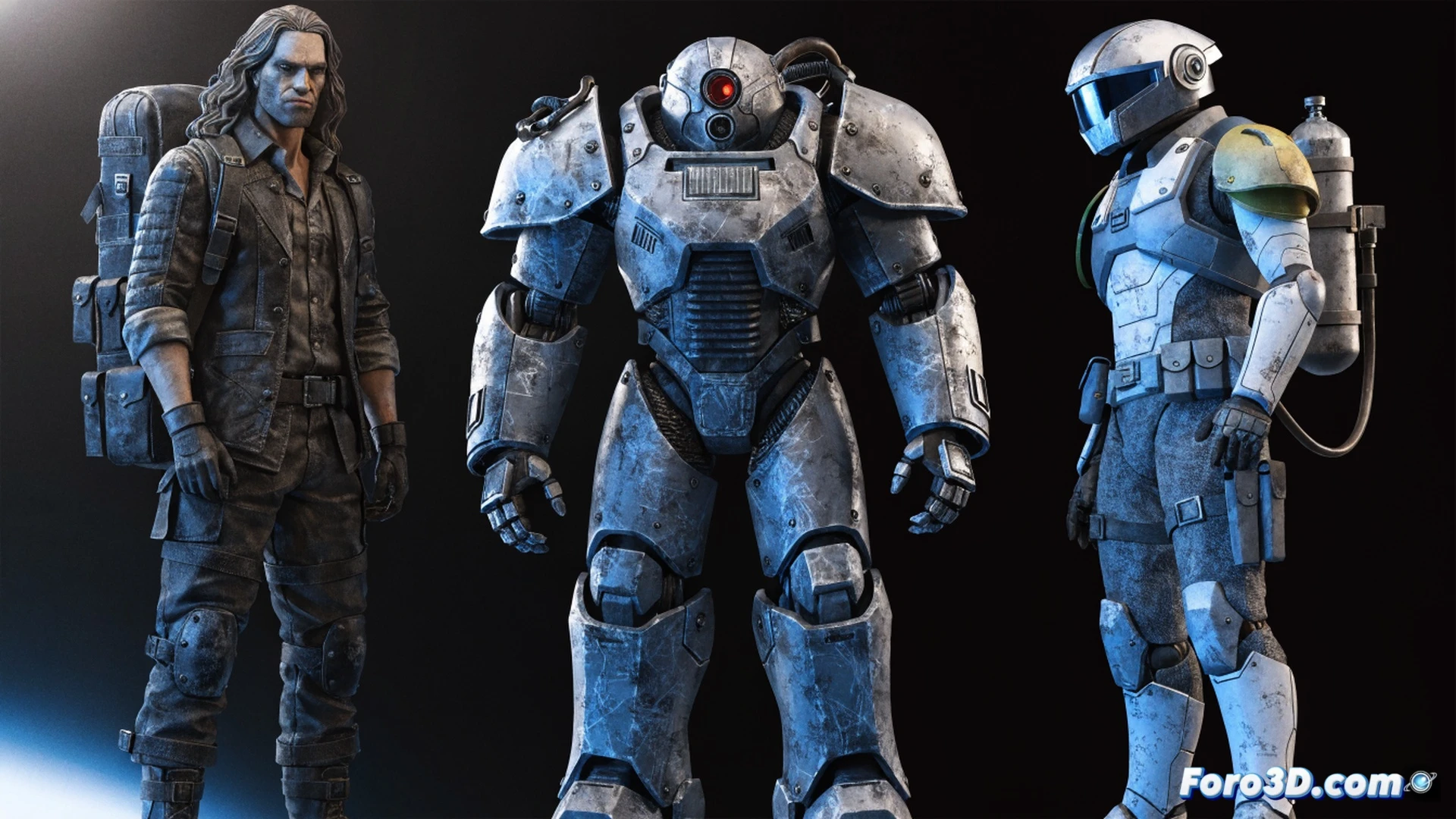 three Fallout action figures displayed on a metallic workbench, Joshua Graham holding a pistol while Paladin Danse adjusts his power armor helmet, a T-45 armor figure placed beside a disassembled plasma rifle, glowing fusion core nearby, tools like a screwdriver and wire cutters scattered, dramatic side lighting casting long shadows, photorealistic cinematic render, ultra-detailed textures on the armor and fabric, post-apocalyptic workshop environment with scratched metal surface, dust particles floating in the air, high-contrast industrial lighting emphasizing the figures intricate engineering details