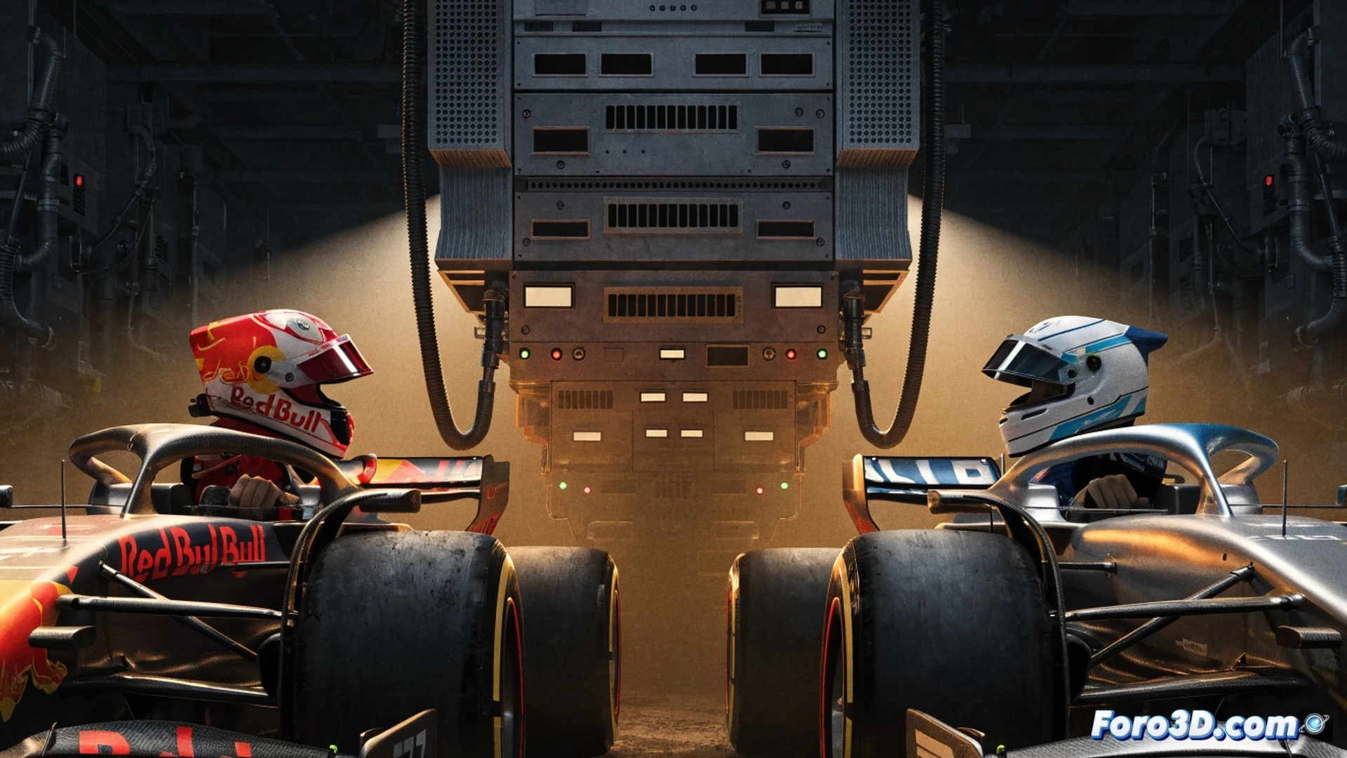 McLaren F1 garage technical scene, team members in orange overalls surrounding Oscar Piastri's MCL38 cockpit, carbon fiber steering wheel being adjusted with precision tools, laptop telemetry screen displaying driver performance data, Max Verstappen silhouette walking away outside glass pit wall, closed door metaphor shown by locked pitlane barrier, cinematic engineering visualization, dramatic workshop lighting, metallic reflections on suspension components, photorealistic technical render