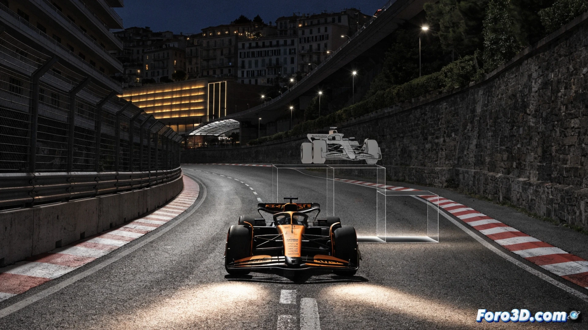 Fórmula 1 tribunal técnico examinando un podio holográfico en disputa, un coche McLaren plateado con números de chasis visibles cruza la línea de meta en Mónaco mientras un fantasma digital del Alpine de Gasly ocupa el tercer lugar, ingenieros señalando pantallas con datos de telemetría y sanciones anuladas, estilo cinematográfico realista, iluminación dramática del puerto, reflejos metálicos en el asfalto mojado, neumáticos con humo de frenada, marcadores de posición luminosos rojos y azules, composición técnica de alta resolución