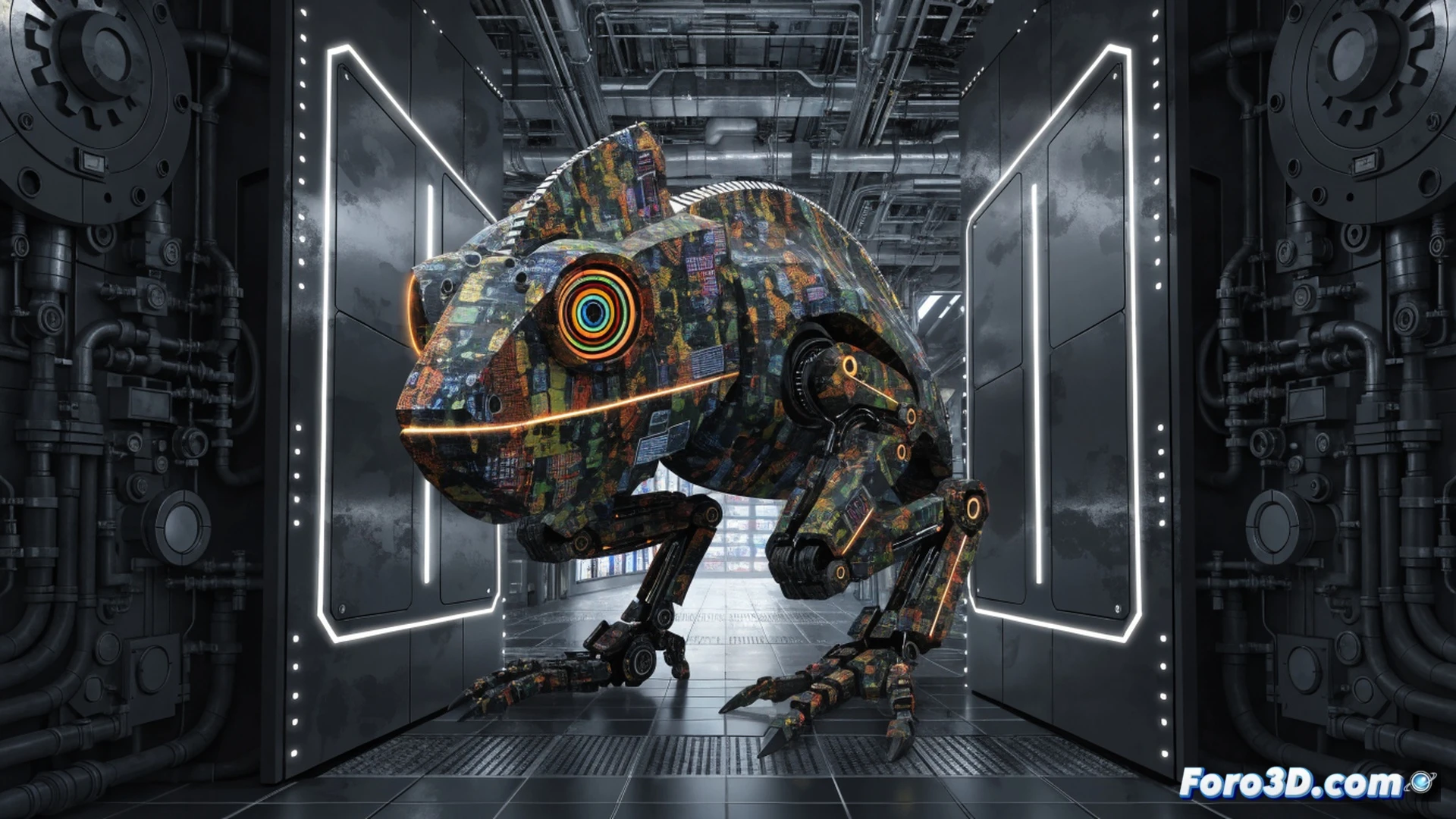 low-poly chameleon character blending into a pixelated jungle background, player cursor painting camouflage patterns over the scene using a digital brush tool, simple user interface resembling classic paint software, game window showing a hiding player merging with tree trunks and leaves, minimalist graphics style, isometric view of the game level, bright saturated colors, flat shading, retro arcade aesthetic, action of painting and disappearing into environment, demonstrating core hide-and-seek gameplay, technical illustration style, clean sharp edges, no text or numbers visible