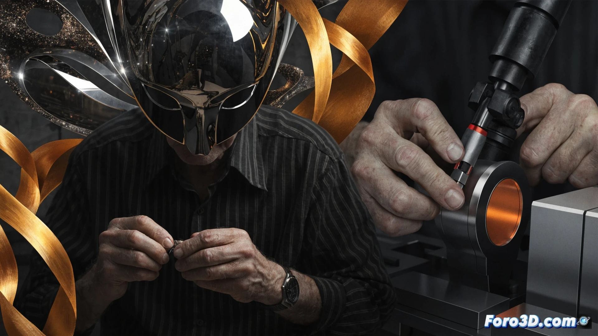 Close-up of a shoemaker skillfully stitching a leather upper to a sole using an industrial sewing machine, metallic needle piercing material, hands guiding the shoe, leather scraps and tools on a wooden workbench, warm workshop lighting, dust particles in the air, background showing rows of finished leather shoes, cinematic photorealistic style, detailed stitching and texture, technical artisanal process, dramatic contrast between shadow and light on the leather surfaces.
