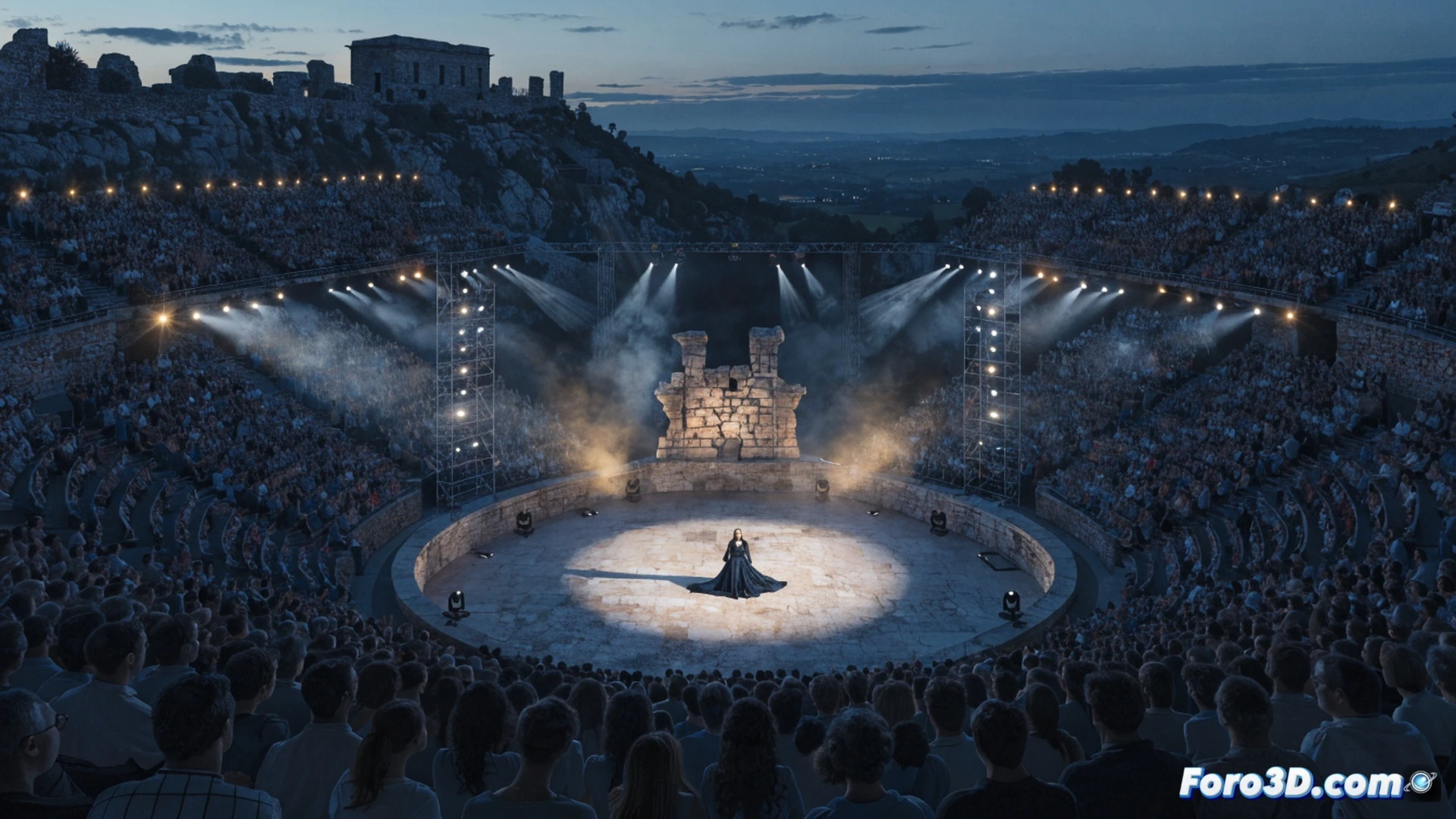 Ancient Greek amphitheater at Epidauro at dusk, 10,000 silhouetted spectators filling stone seats under a starry sky, a lone soprano in crimson gown center stage, arms outstretched in dramatic aria, theatrical spotlight illuminating her face, stone columns and arches framing the scene, smoke drifting across stage from hidden vents, orchestra pit with musicians in black, bowing violins during intense moment, cinematic photorealistic style, warm amber stage lighting contrasting with cool blue night sky, ultra-detailed crowd textures, dust motes floating in light beams, dramatic shadows on ancient limestone, high-end theatrical photography aesthetic