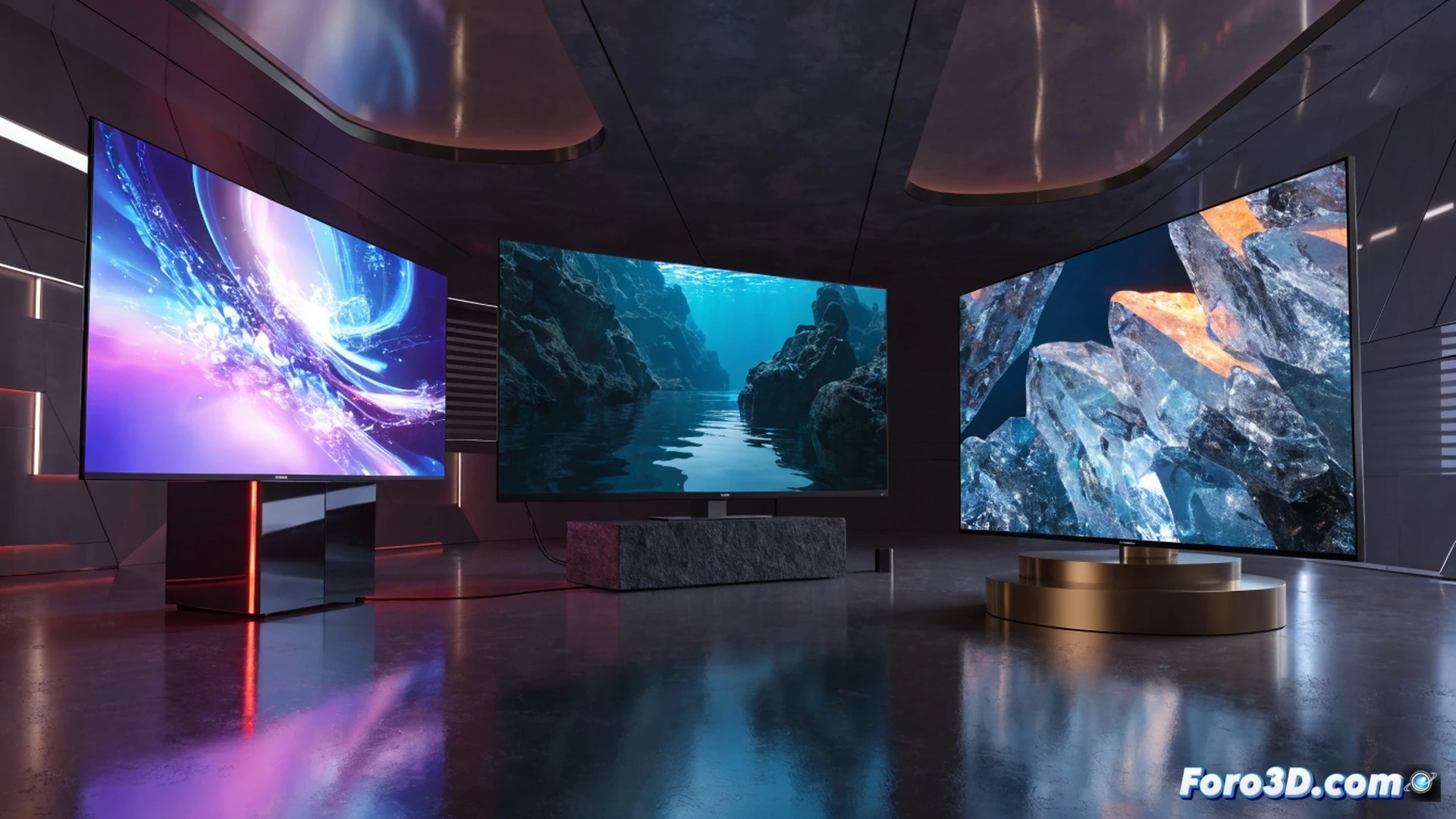 Modern living room with three ultra-slim TVs mounted on a white wall, a Samsung OLED and LG OLED displaying vivid nature scenes, a Hisense QLED showing a sports match, price tags floating near each screen while a hand reaches toward a tablet showing the registration page, glowing discount badges hovering around the devices, photorealistic retail scene, soft ambient lighting from a floor lamp, polished wooden floor reflecting the screens, cinematic product showcase, ultra-detailed TV bezels and stands, promotional atmosphere