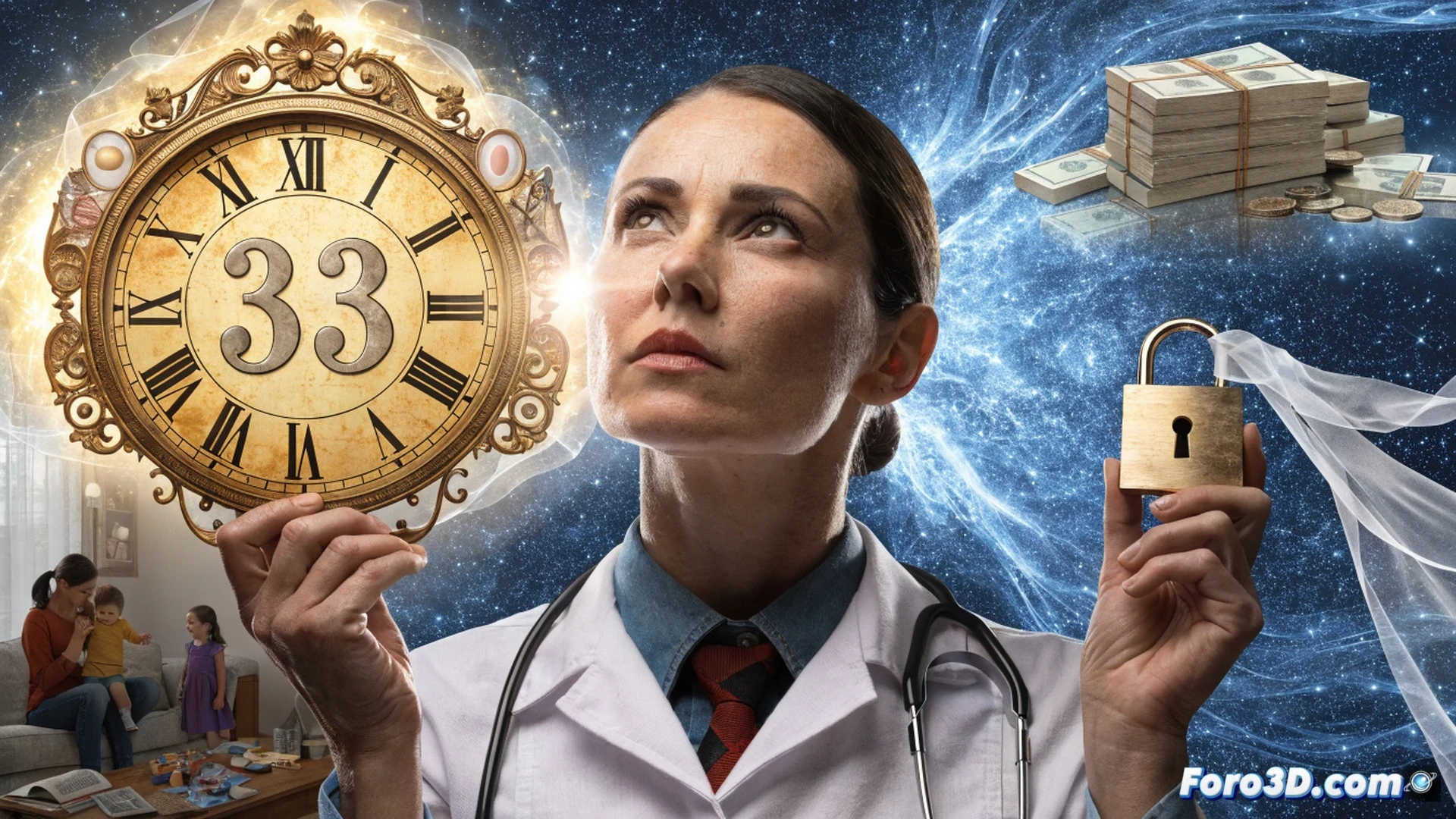 mujer médica de bata blanca frente a pantalla de ecografía médica, mano derecha sosteniendo un reloj de arena con arena cayendo, mientras la otra mano toca un calendario con fechas marcadas, fondo de sala de hospital con estetoscopio y gráficos de costos financieros en tablet, expresión de duda y tensión facial, estilo cinemático fotorrealista, iluminación azul fría de quirófano mezclada con luz cálida de lámpara de escritorio, sombras dramáticas, textura de piel realista, profundidad de campo suave, composición simétrica y técnica