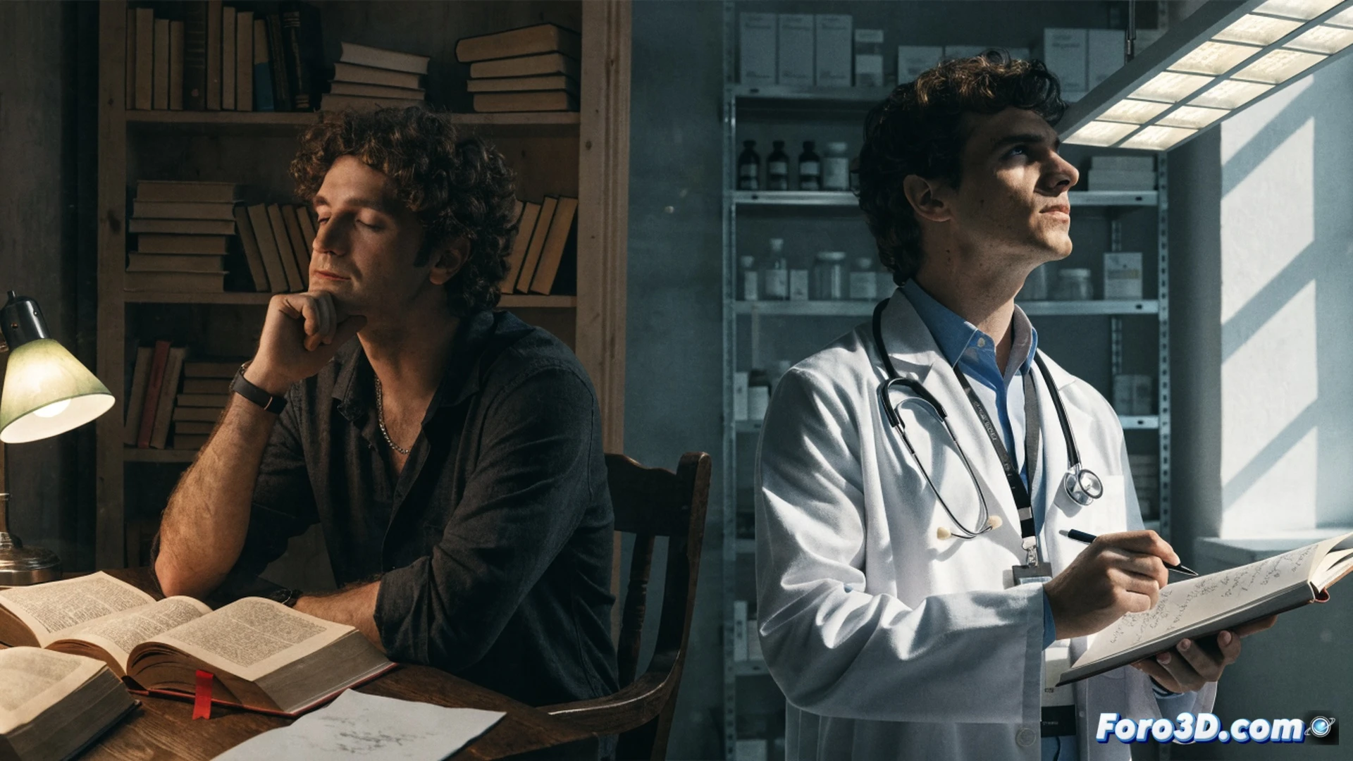 médico poeta sosteniendo un estetoscopio en una mano y un libro abierto en la otra, frente a un escritorio con un monitor mostrando un documento de poesía en proceso de edición, junto a una pluma fuente y un café humeante, fondo de estantería con libros de medicina y poesía entrelazados, luz cálida de lámpara de escritorio iluminando la escena, demostrando la fusión entre ciencia y arte, estilo cinematográfico realista, primer plano con desenfoque de fondo, textura de papel y metal, tonos sepia y azul oscuro, composición equilibrada y evocadora