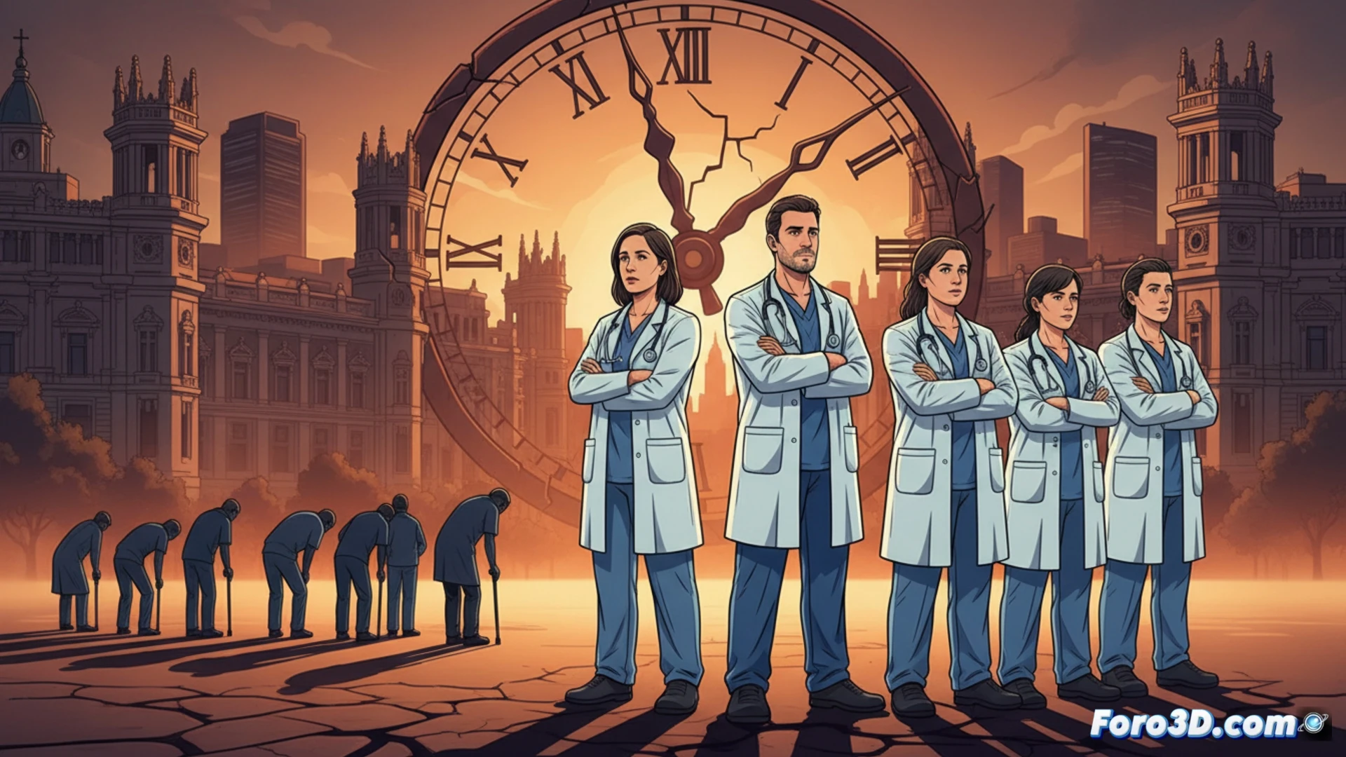 Médico de guardia sosteniendo un reloj de arena vacío frente a un ordenador con gráficos de listas de espera, mientras su bata blanca muestra manchas de cansancio, reloj de pulsera marcando las 22:00 horas, fondo de pasillo hospitalario con luces fluorescentes parpadeantes, puerta de consulta entreabierta mostrando sillas vacías, tensión en los nudillos apretando un bolígrafo, estilo cinematográfico realista, iluminación fría y sombras alargadas, textura de papel de informes médicos arrugados, fotografía técnica documental