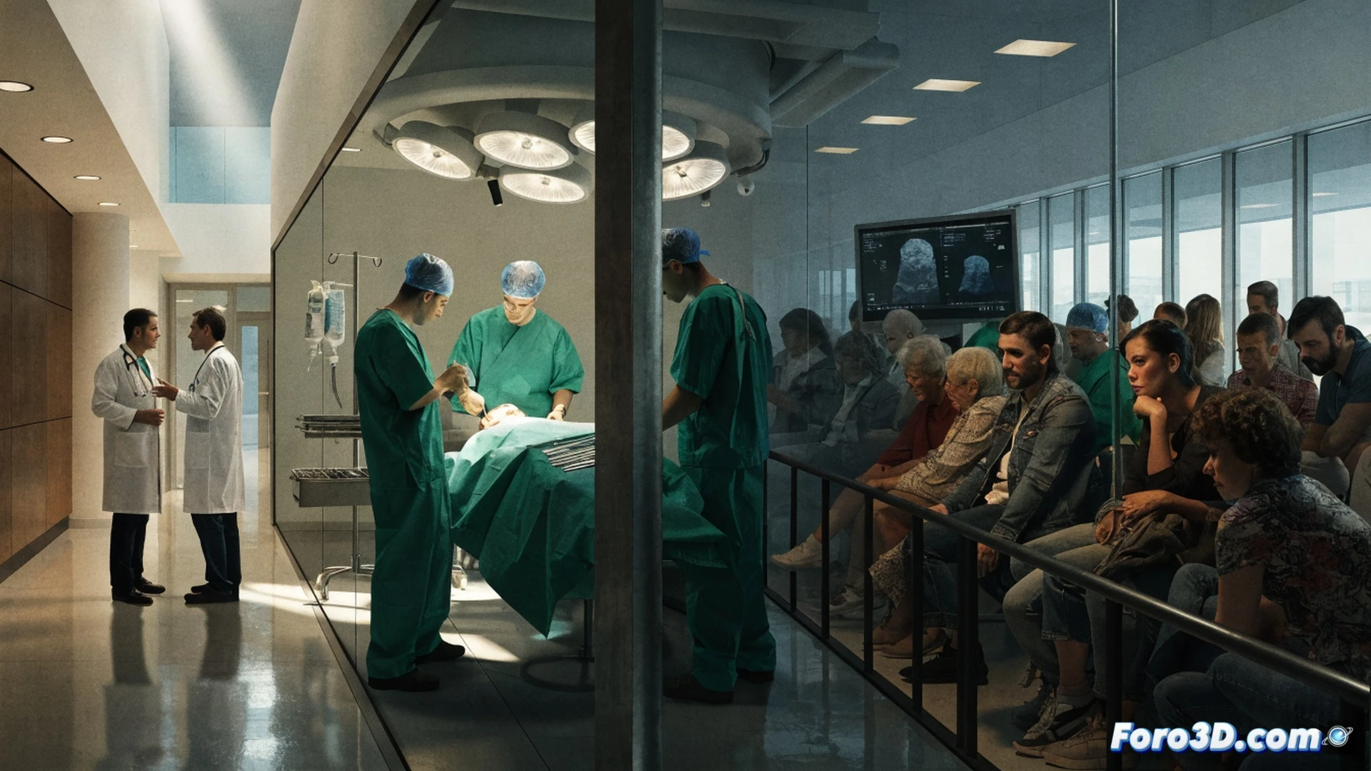 hospital corridor with surgeons in blue scrubs standing in front of closed operating room doors, red cancelled surgery sign hanging on door handle, surgeons holding surgical masks and clipboards, empty gurney in background, clock showing 10 AM, dim fluorescent lighting, photorealistic medical documentary style, sterile white walls, stainless steel equipment trays covered with cloths, emotional tension visible through body language, realistic shadows and reflections on polished floor, wide-angle cinematic shot capturing frustration and stillness