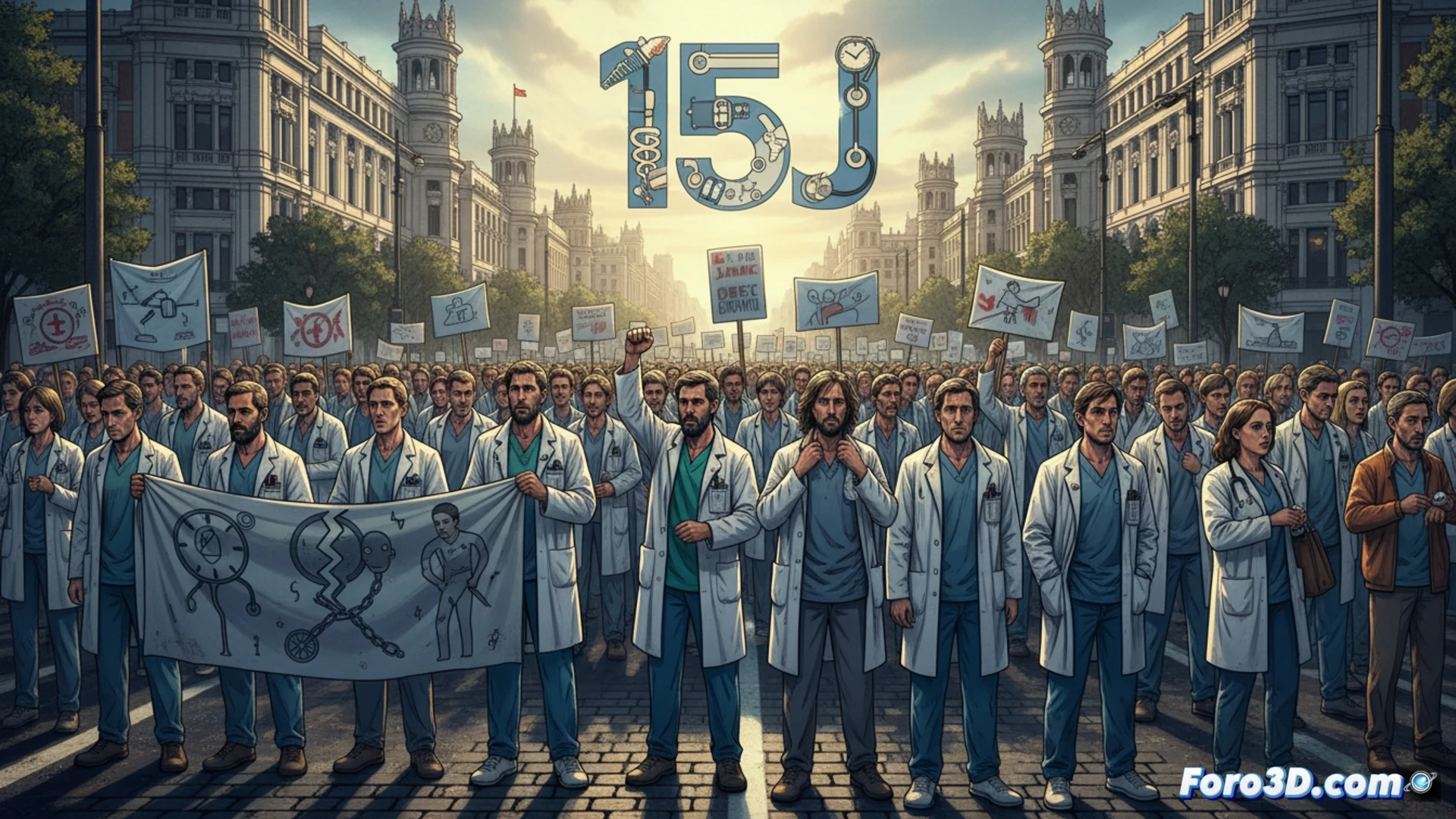 photorealistic scene of hospital emergency room entrance at night, doctors in white coats gathered in protest holding signs, medical monitors showing flatlining vitals, empty stretcher in foreground symbolizing delayed care, red and blue emergency lights reflecting on glass doors, clock face displaying midnight, stethoscopes and surgical masks on ground, dramatic chiaroscuro lighting, cinematic photorealistic style, tense atmosphere, technical medical equipment visible, blurred silhouette of patients waiting in background