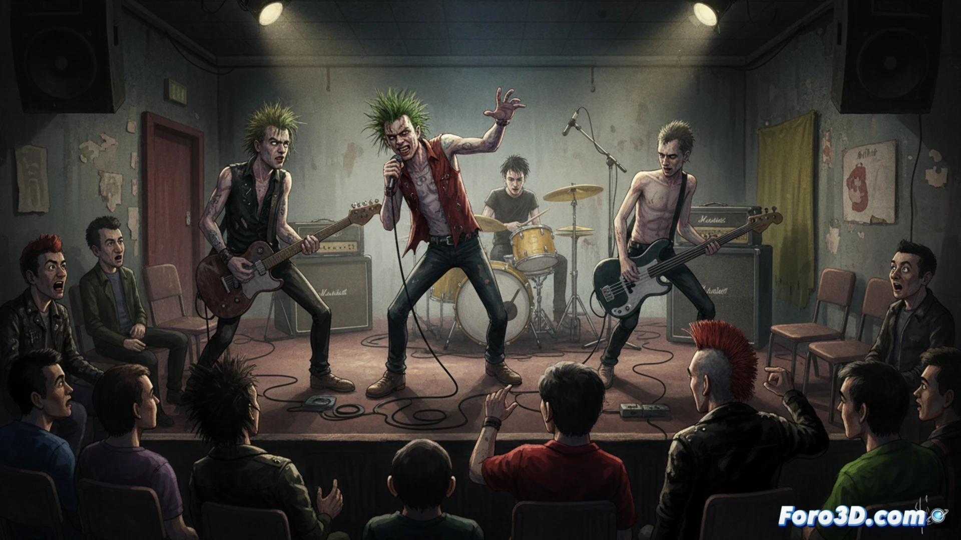 Small dark club stage with three punk musicians mid-performance, one singer gripping microphone stand with torn sleeve, sparks flying from amplifier speaker cone, cracked wooden floorboards vibrating under stomping feet, sparse crowd of twenty silhouettes in dim blue-red light, empty chairs stacked against brick wall, vintage analog mixing console with glowing VU meters in corner, cinematic photorealistic style, high contrast chiaroscuro lighting, film grain texture, 1970s documentary aesthetic, sweat droplets visible on guitar strings, smoke haze catching stage lights, raw gritty atmosphere, ultra-detailed vintage equipment