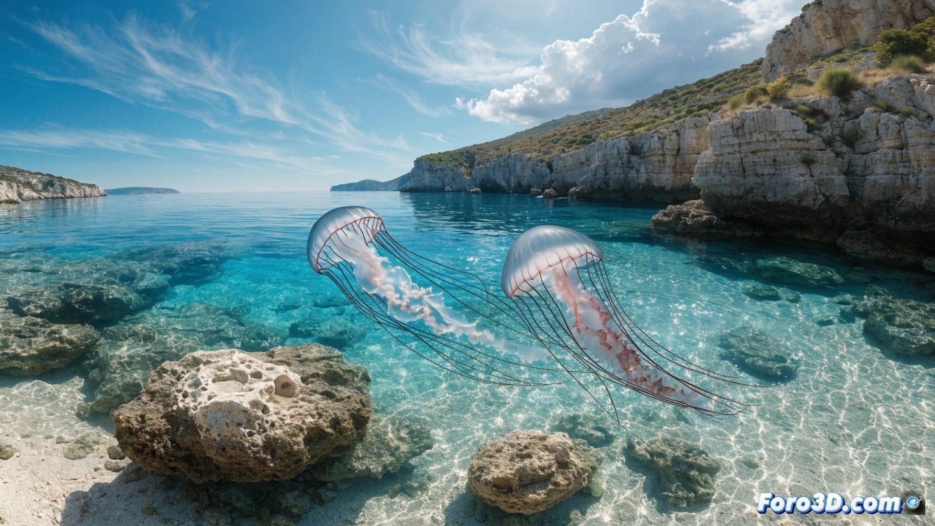 Mediterranean sea surface at midday, a swarm of translucent jellyfish drifting near a rocky coastline, a marine biologist in a wetsuit using a tablet displaying real-time oceanographic data, temperature and current overlays, a submersible drone sampling water near a jellyfish bloom, sunlight piercing through turquoise water, particles and plankton visible, cinematic photorealistic underwater visualization, dramatic natural lighting, detailed marine life textures, bubbles and light rays creating depth, ultra-realistic oceanography scene