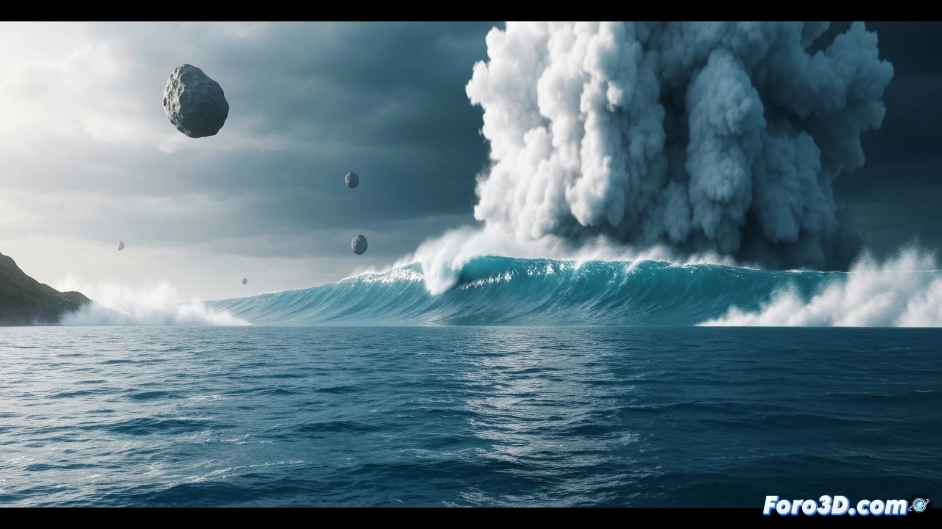 cinematic photorealistic scene of a massive asteroid impact in deep blue ocean, colossal steam plume rising kilometers high, circular crater of displaced water with glowing shockwave rings expanding outward, megatsunami wave hundreds of meters tall moving at hypersonic speed toward distant coastline, vapor cloud billowing with lethal thermal energy, technical visualization with cross-section diagram overlay showing underwater energy dissipation and wave propagation paths, dramatic dark storm clouds illuminated by orange impact glow, ultra-detailed water physics simulation, motion blur on wave front, glowing particle trajectories, engineering visualization with scale indicators, photorealistic render