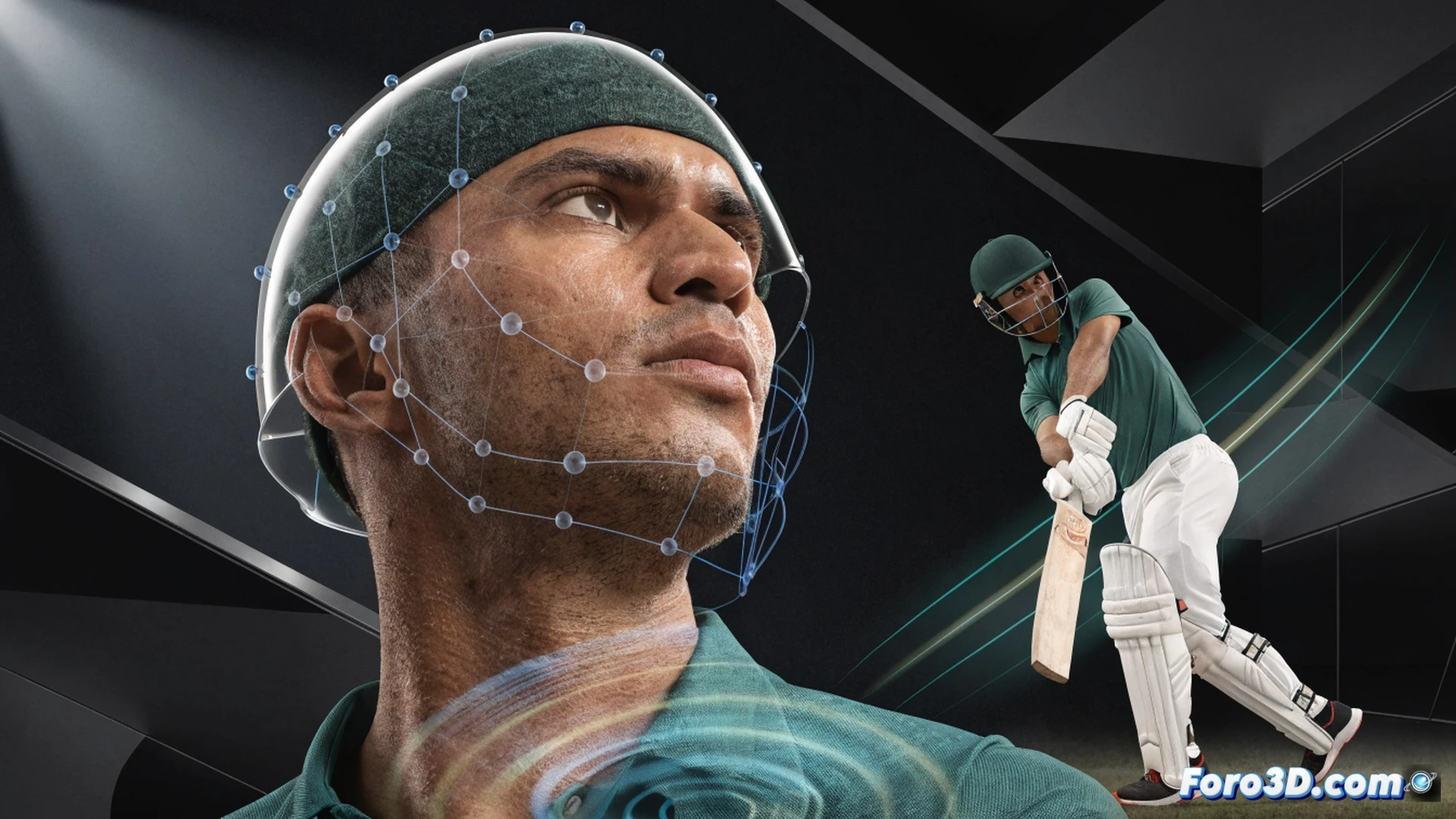 Bangladeshi cricketer Mehidy Hasan Miraz in bowling action, delivering an off-break ball with exaggerated wrist spin, cricket ball rotating mid-air with visible seam and finger pressure marks, red cricket ball trajectory curved sharply to the right, 3D motion capture grid lines tracing his arm rotation and body alignment, glowing biomechanical joint angles overlaid on his torso and shoulder, digital pitch map showing predicted bounce point, photorealistic sports science visualization, stadium floodlights, green outfield, ultra-detailed skin texture and sweat, cinematic slow-motion effect, technical engineering render style