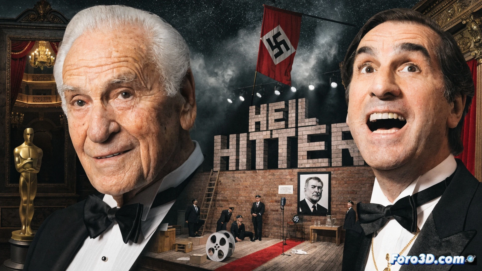 Mel Brooks centenario en un estudio de grabación, ajustando un micrófono vintage mientras una maqueta de teatro proyecta sombras de un director nazi caricaturesco, guiones de comedia esparcidos sobre una mesa con un Emmy y un Oscar, el monitor muestra una escena de Spaceballs con naves espaciales, proceso creativo en acción, estilo cinematográfico realista, iluminación dramática de estudio, texturas de papel y metal detalladas, photorealistic technical render.