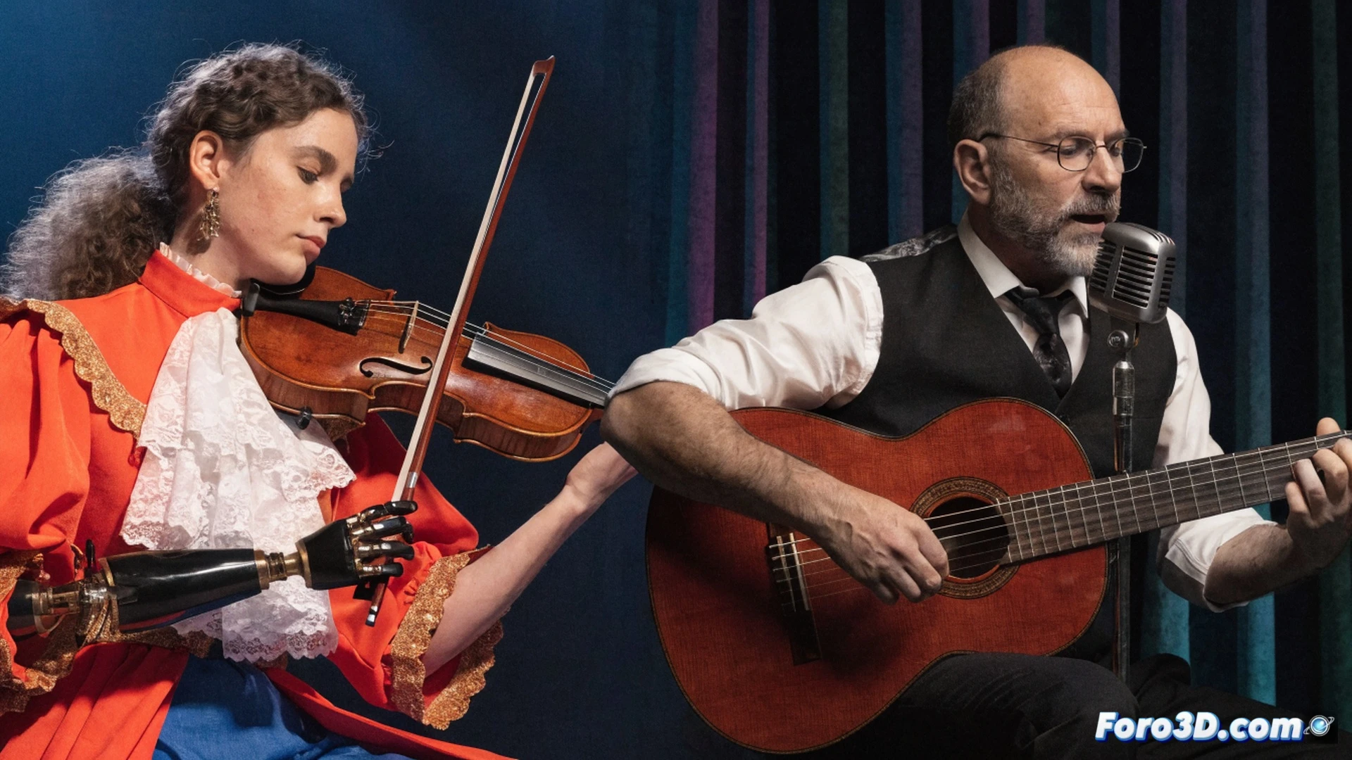 Melied Ensemble duo performing on stage in Sagunt, violinist bowing while singer gestures expressively, sheet music stands with Spanish zarzuela scores, audience seated with donation boxes visible, warm spotlight illuminating musicians, stage adorned with subtle Spanish decorative motifs, ADAMPI logo projected on backdrop, photorealistic concert photography style, dramatic chiaroscuro lighting, wooden stage floor reflecting amber light, microphone stands and acoustic monitors in foreground, audience faces softly lit showing emotion, technical stage equipment visible including mixing console and speaker arrays, cinematic depth of field, warm color palette with rich reds and golds, capturing the moment of cultural solidarity for amputee support