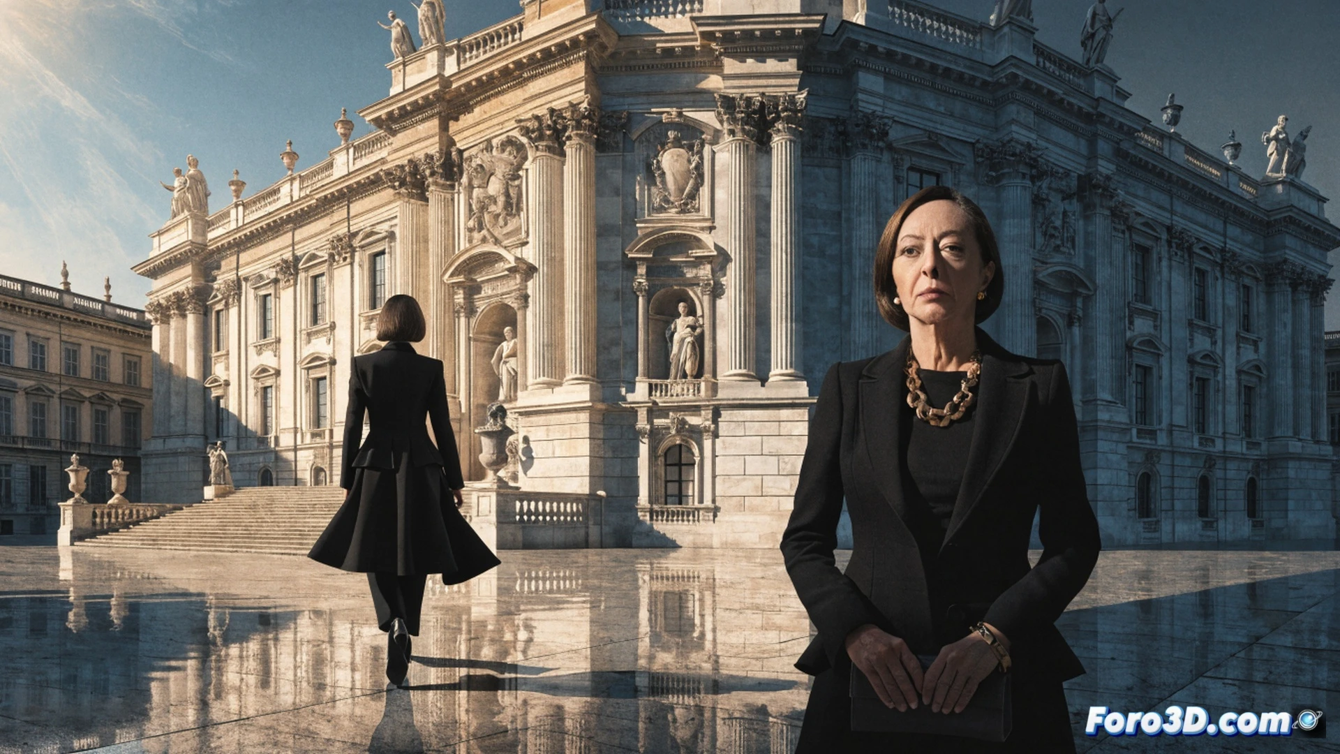 Giorgia Meloni de pie frente a un gran mapa político de Italia, señalando el Palacio del Quirinale con un puntero láser rojo, mientras una figura sombría de un presidente de centroizquierda se desvanece en segundo plano, su equipo de asesores revisando documentos de reforma constitucional sobre una mesa de vidrio, estilo cinematográfico político, iluminación dramática de alto contraste, tonos azul oscuro y dorado, textura de papel antiguo en los planos, fotorealismo técnico con enfoque nítido en el gesto de la mano y el mapa, composición simétrica que sugiere poder y cambio de equilibrio institucional
