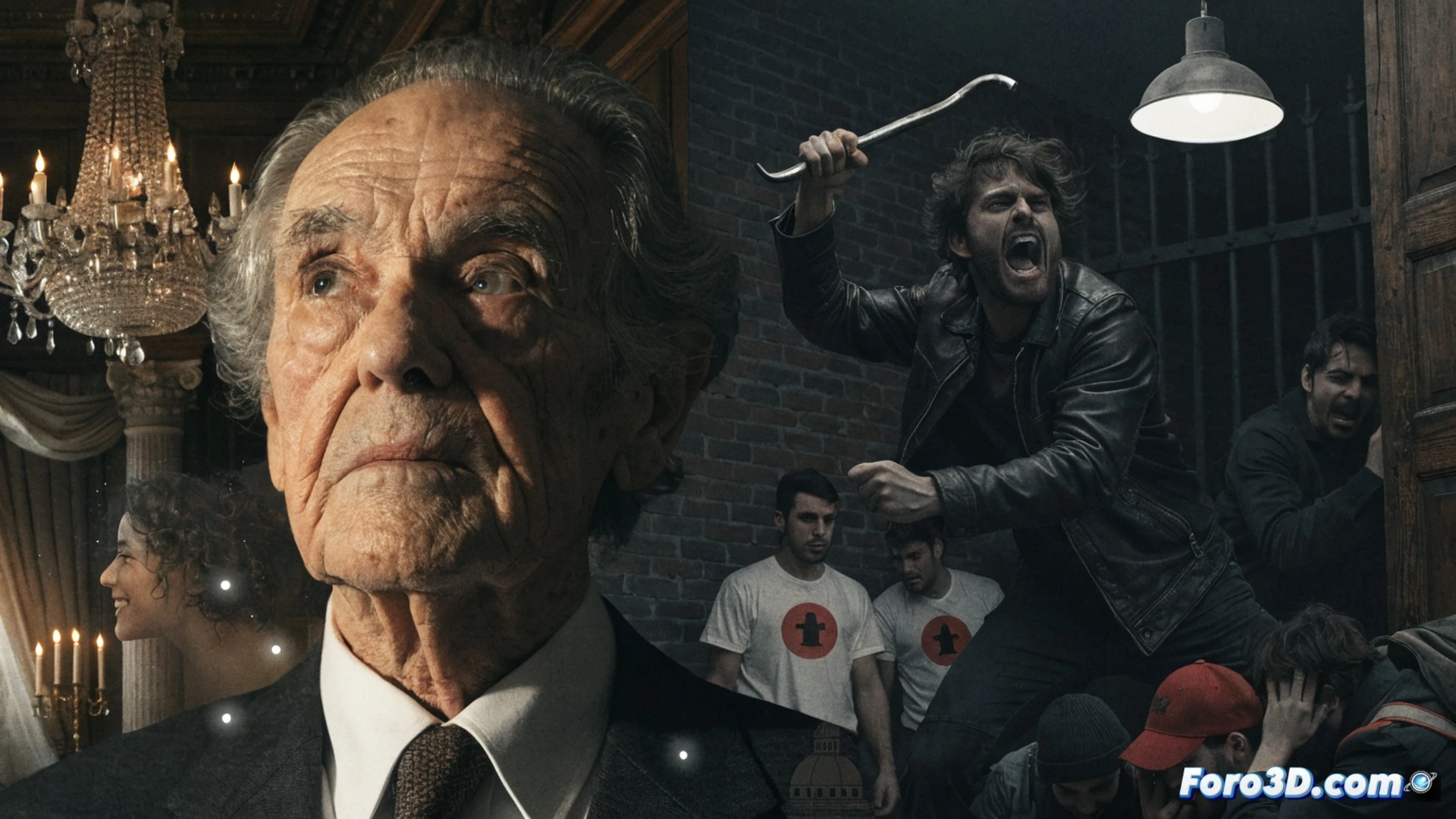 Aging actor in worn leather armchair, a single spotlight illuminating his weathered face, hands trembling while holding a faded black-and-white photograph of a fascist-era parade. A smartphone on the armchair screen displays a trending nostalgic theatre review, while in the shadowy background a digital billboard scrolls hate speech hashtags and a broken school blackboard lies on the floor with chalk reading education funding zero. Contrast between intimate memory and public spectacle, cinematic noir style, dramatic chiaroscuro lighting, photorealistic technical render, dust particles floating in the beam.