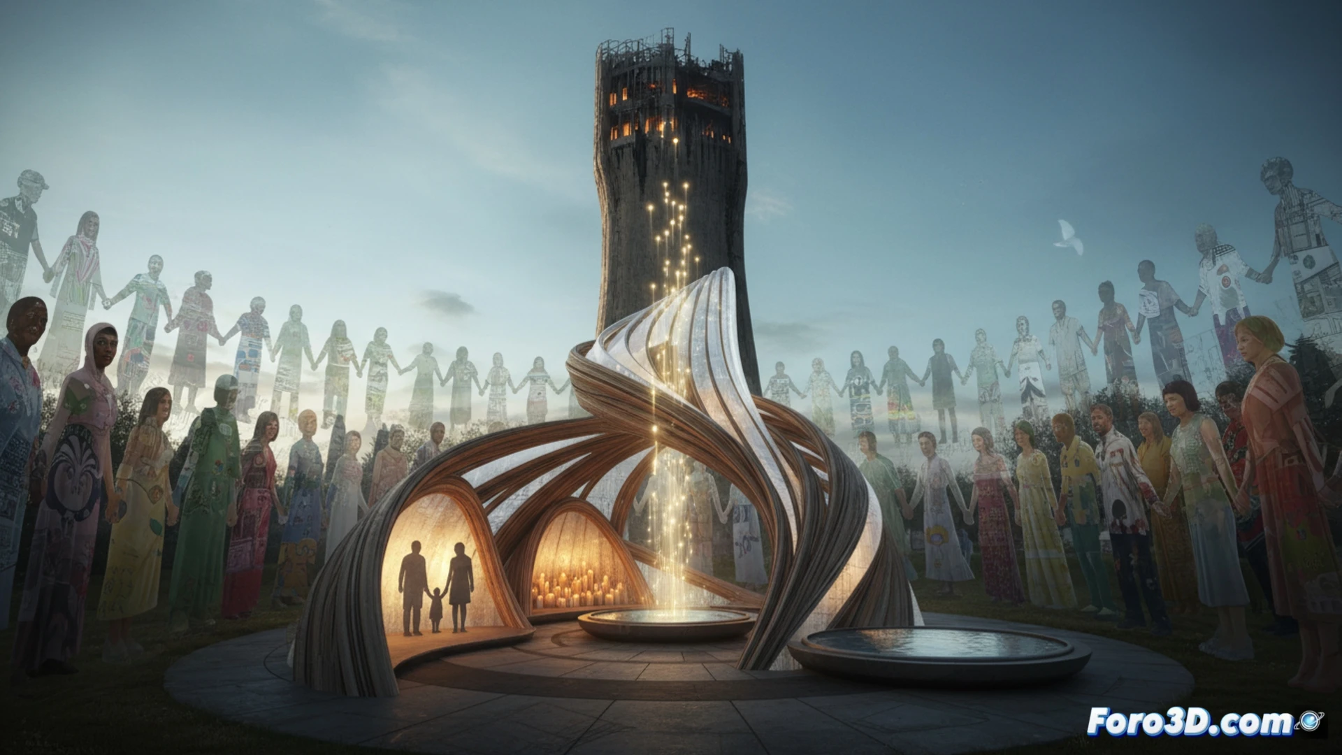 architects and community members collaborating around a large-scale architectural model of a memorial park, hands placing symbolic green seedlings into a circular layout representing 72 individual memory spaces, digital tablets showing 3D structural renderings of a curved reflective wall, construction blueprints spread on a wooden table, soft natural light from a window casting shadows, cinematic photorealistic architectural visualization, warm amber tones, detailed landscape design elements, multiple figures in discussion during a participatory planning session, technical drawing tools visible, emotional yet professional atmosphere