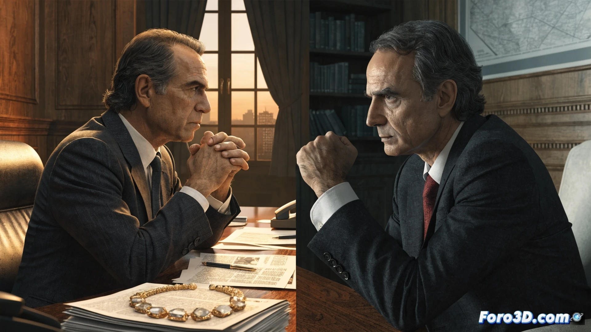 former UGT leader Cándido Méndez pointing toward a desk with scattered jewelry and legal documents, while a blurred figure of Zapatero exits a PSOE party office, during a judicial investigation scene, photorealistic technical illustration, courtroom-style lighting, evidence folders and a laptop displaying a legal case file, polished concrete floor reflecting tension, dramatic shadows, ultra-detailed textures of metal jewelry and paper, cinematic composition, forensic evidence visualization