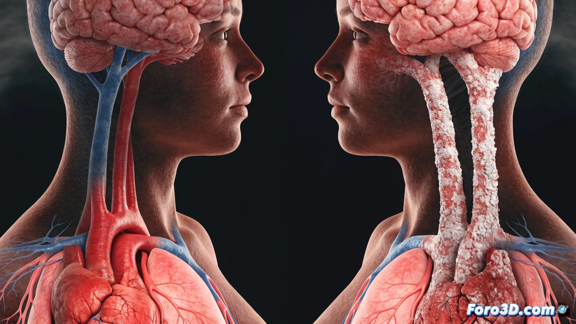 human heart and brain anatomical models placed side by side on a medical workstation, a glowing red artery cross-section showing plaque buildup, a female silhouette with highlighted ovaries and early menopause marker at age 38, digital medical chart displaying cardiovascular risk increase of 30 percent, a stethoscope and blood pressure monitor nearby, physician hand pointing at risk graph, dramatic clinical lighting, photorealistic medical illustration, ultra-detailed tissue textures, cinematic technical visualization