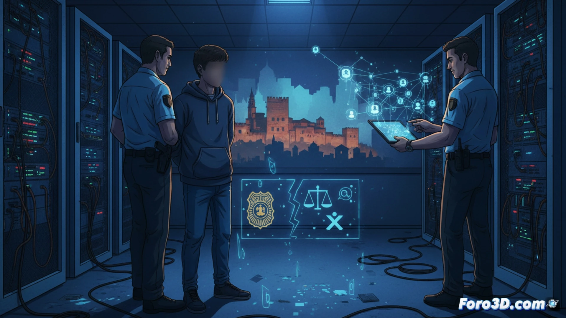 adolescent hands typing on laptop keyboard in dark bedroom, computer screen showing blurred list of personal data and police badges, phone screen glowing with leaked contact details, digital padlock icon breaking apart over the screen, forensic analysis toolkit visible on desk, cybersecurity software interface in background, dramatic blue and red emergency lighting from outside window, tense atmosphere, photorealistic technical illustration, high contrast shadows, cinematic composition, ultra-detailed hardware and code reflections
