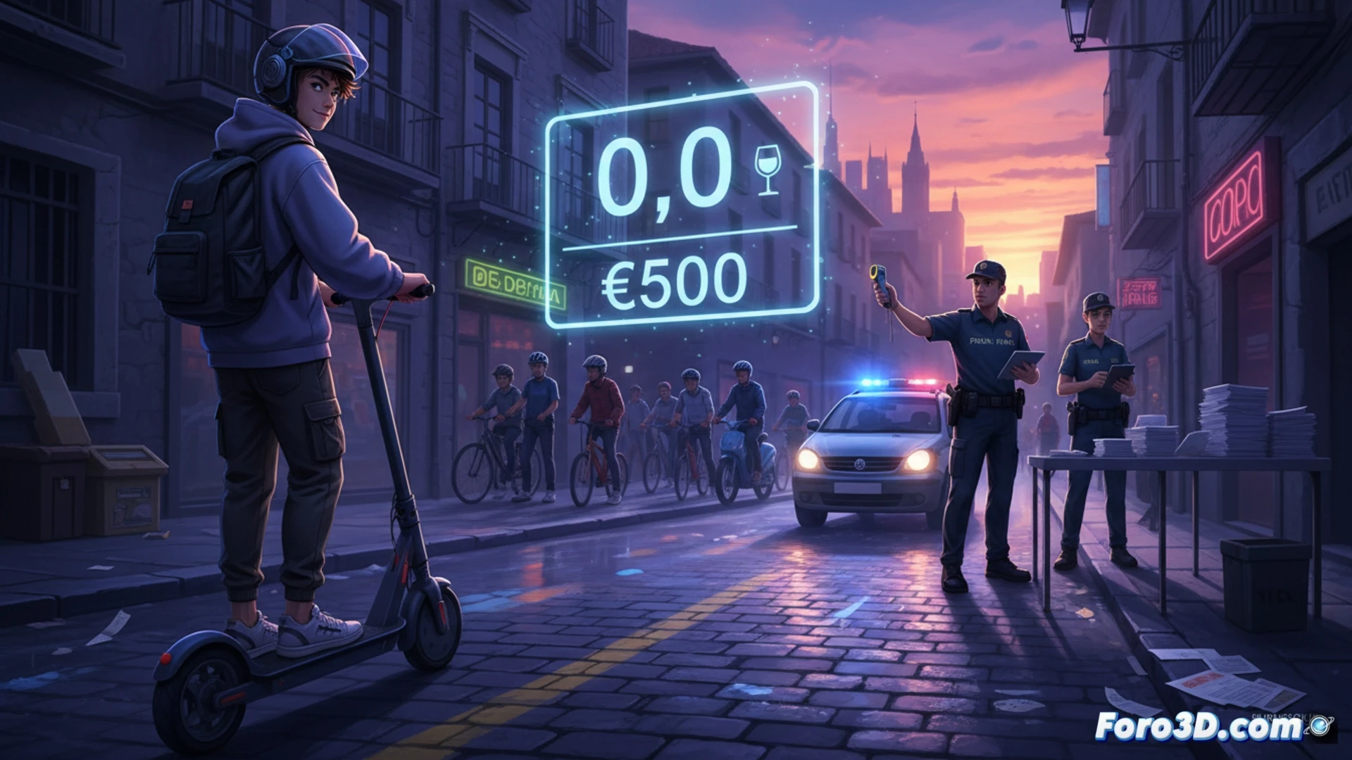young teenager riding electric scooter on urban street at night, police officer holding breathalyzer device near scooter handlebars, blue and red emergency lights reflecting on wet asphalt, scooter dashboard showing zero alcohol reading, Guardia Civil patrol car in background with open door, technical cinematic visualization, dramatic low-angle shot, realistic urban environment, motion blur from passing cars, cold blue and amber street lighting, photorealistic night scene, high-contrast shadows, detailed police equipment and scooter mechanics