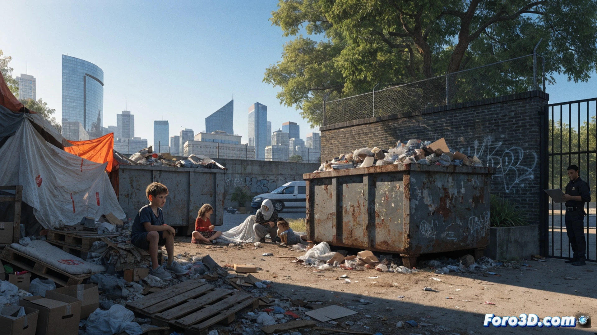 A municipal solar site cluttered with debris and scattered waste, a family of four crouched among broken furniture and plastic refuse, a single child touching a rusted metal pipe while municipal workers in reflective vests measure the perimeter with laser distance tools and tablet devices, contrasting abandoned living conditions versus active eviction preparation, cinematic photorealistic style, harsh afternoon sunlight casting long shadows, dust particles suspended in air, decaying concrete blocks and exposed rebar, dramatic tension between human vulnerability and institutional process, ultra-detailed textures of rotting materials, technical documentation atmosphere