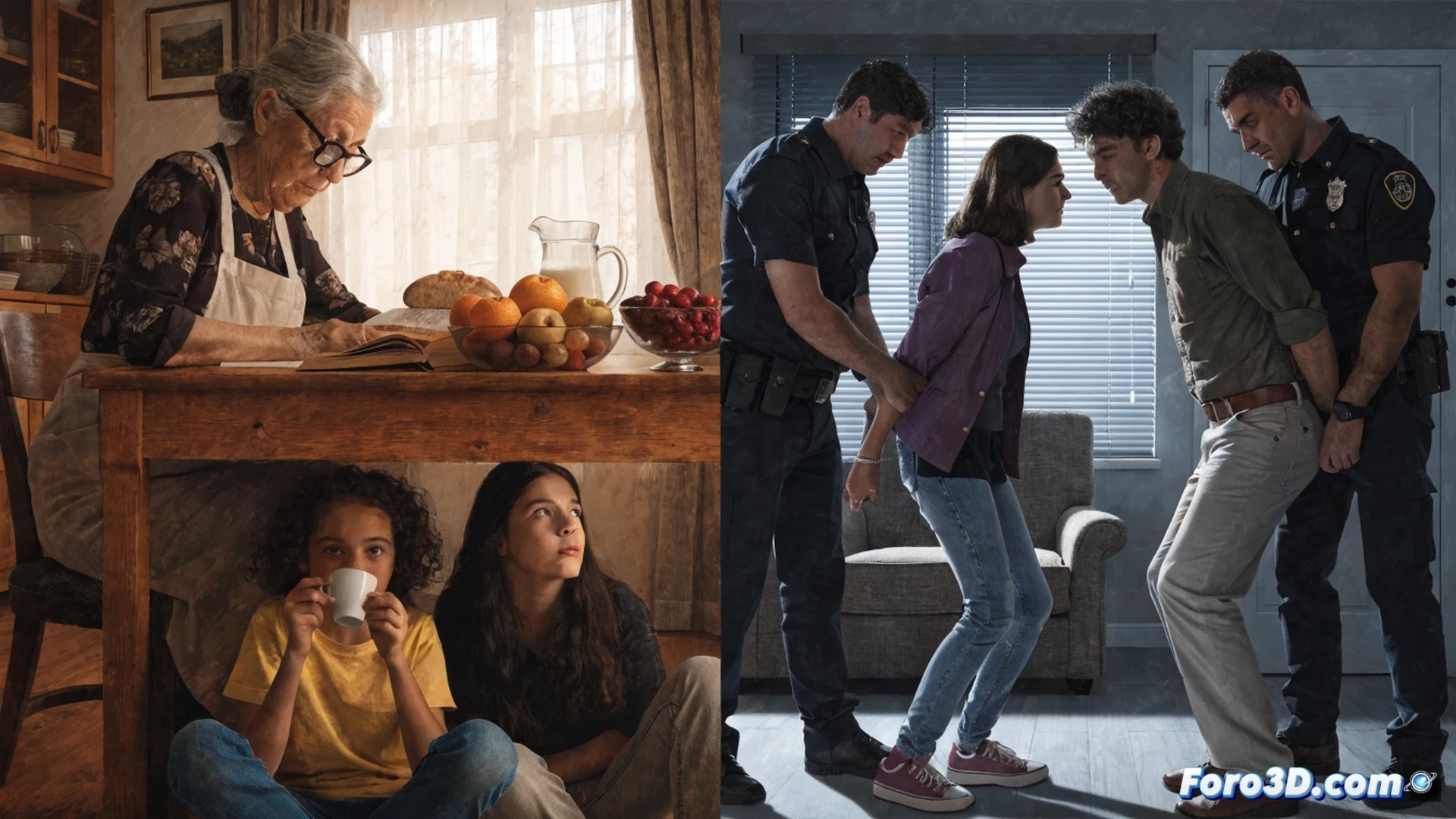 Two teenage girls standing safely behind a police officer in a dimly lit living room, while three adults are handcuffed by law enforcement agents, an elderly woman's house interior with worn furniture and a small kitchen visible in the background, technical illustration style, photorealistic digital render, neutral color palette with soft shadows, clear hierarchy showing rescue process, dramatic overhead lighting, detailed textures on clothing and walls, cinematic composition with depth of field, calm resolution atmosphere.