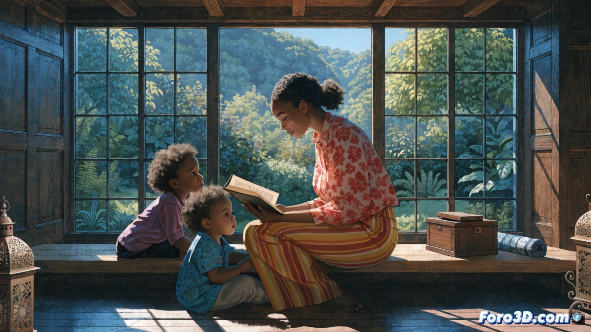 parent and young child sitting on a cozy sofa, both holding an open storybook, child pointing at illustrated pages while parent gestures expressively, warm lamplight illuminating their faces, wooden bookshelf in background filled with colorful books, soft carpet with scattered toys, no screens visible, intimate learning moment, photorealistic cinematography, shallow depth of field, golden hour lighting, warm skin tones, rich textures on fabric and paper, ultra-detailed domestic interior