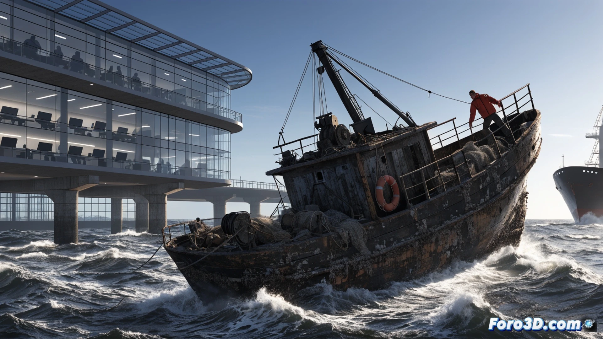 photorealistic wide-angle scene of a rusty cargo ship docked at night, a young man in a cheap uniform stepping through a revolving door placed absurdly on the deck while the hull visibly tilts and water floods through a crack below, his shadow falling on a digital logbook showing low wages and 18-hour shifts, frayed ropes and a broken winch nearby, dim industrial floodlights casting long shadows, cold blue and orange safety light contrast, ultra-detailed metal corrosion and peeling paint, cinematic maritime documentary style, no text or numbers visible